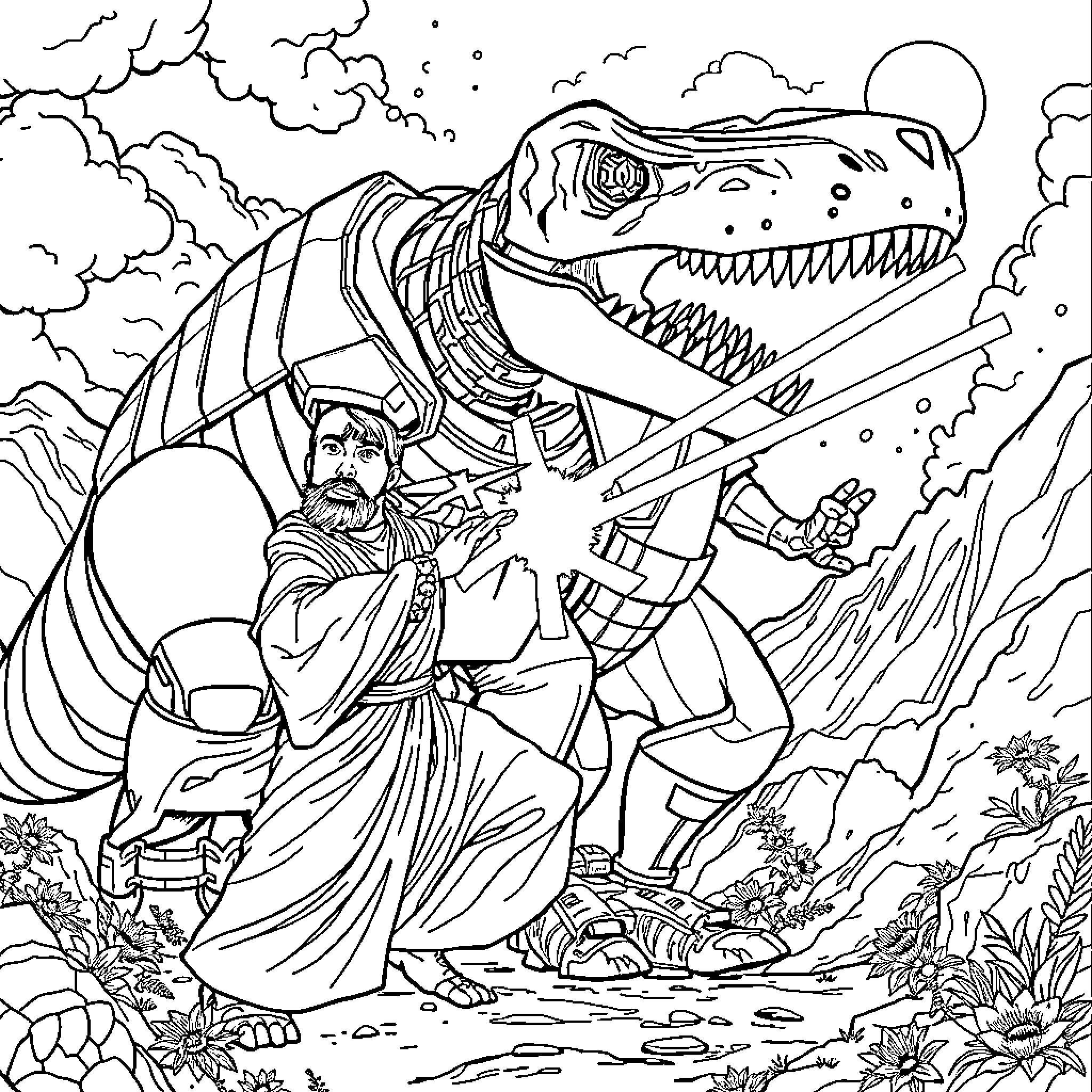 Jesus battles the mighty dinosaur in the wilderness Coloring Page (free black-and-white line drawing printable PDF for all, from beginners to advanced learners, including children, teens, adults, and seniors)