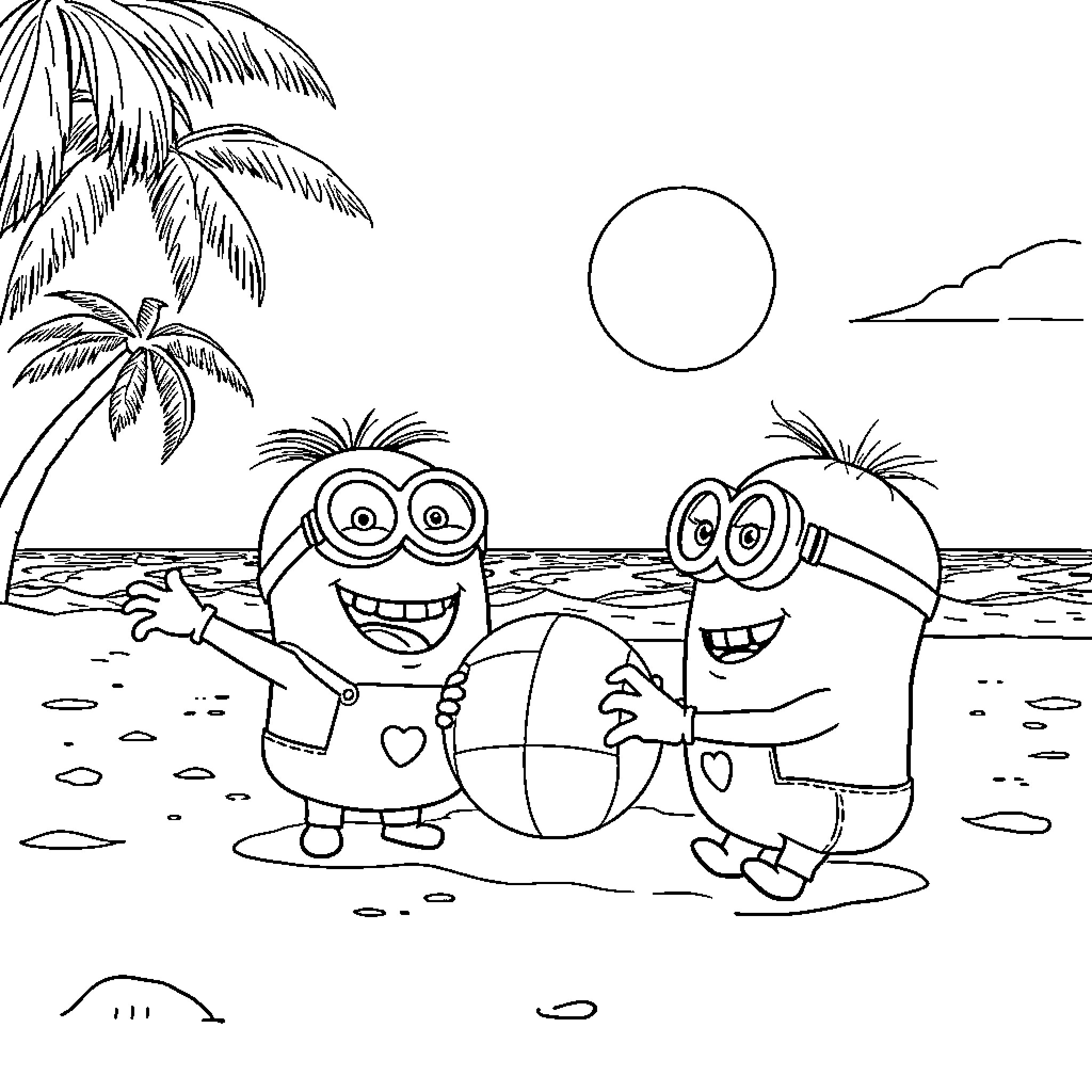 Minions enjoying a sunny day at the beach Coloring Page (free black-and-white line drawing printable PDF for all, from beginners to advanced learners, including children, teens, adults, and seniors)