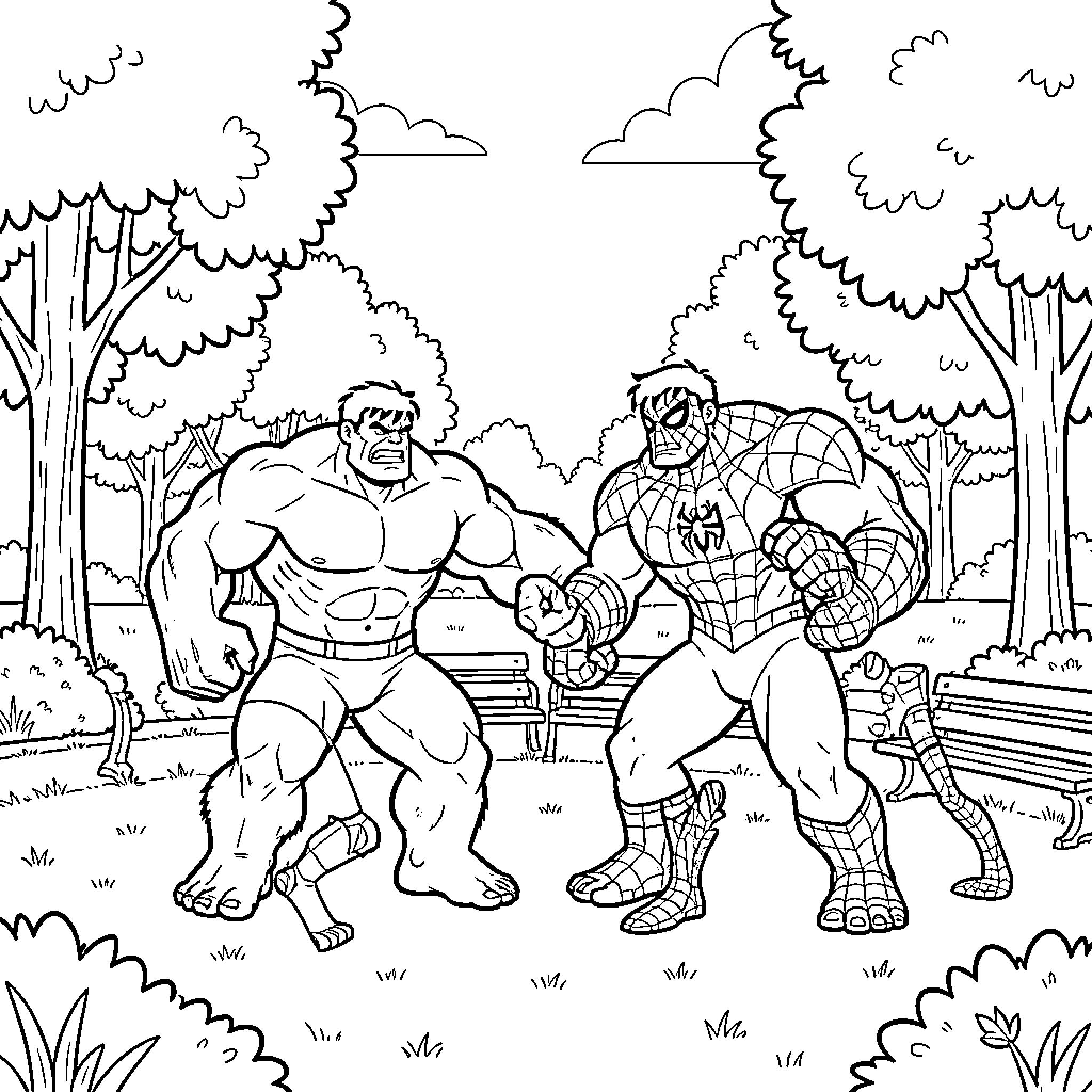 Paw Patrol superheroes fighting in a park Coloring Page (free black-and-white line drawing printable PDF for all, from beginners to advanced learners, including children, teens, adults, and seniors)