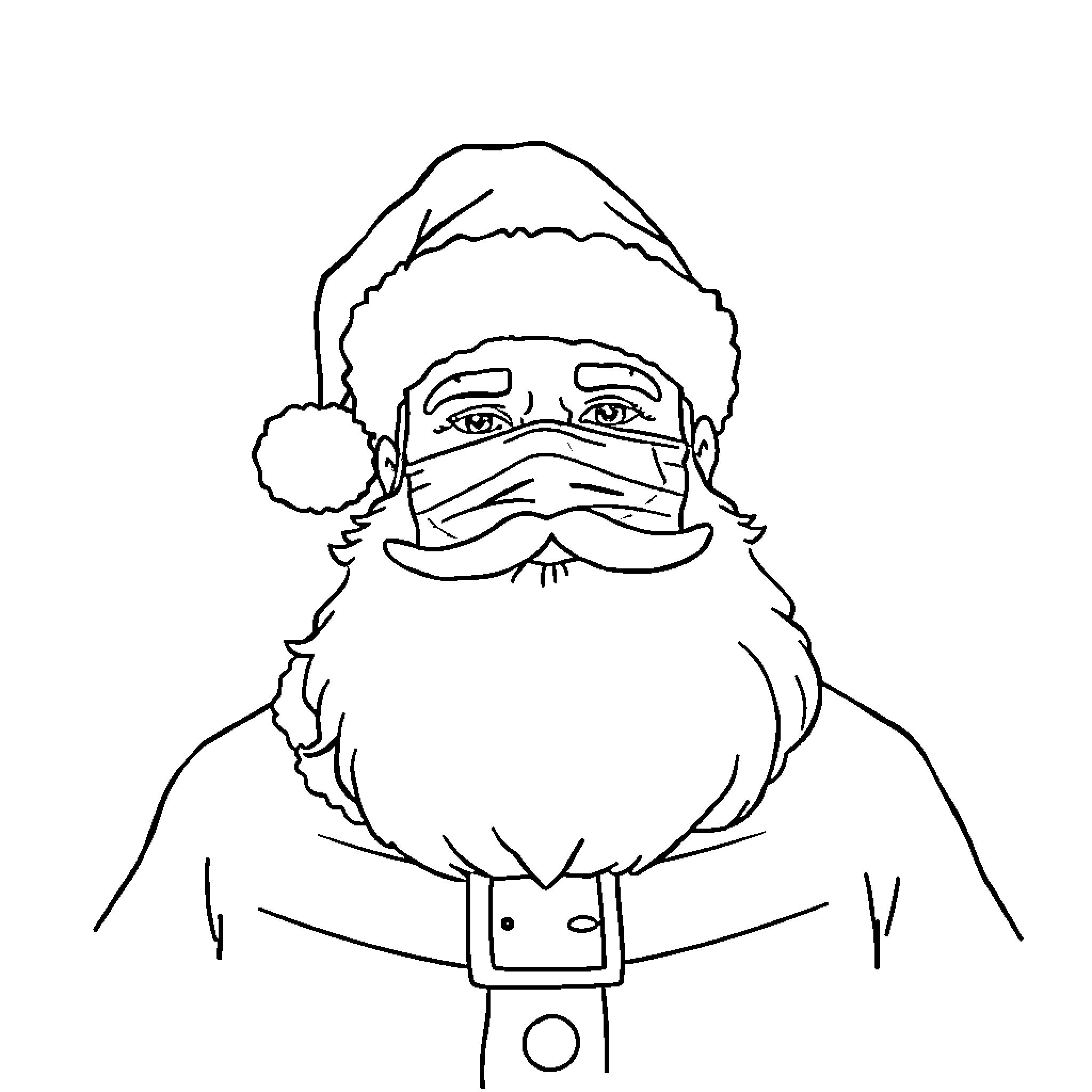Santa Claus in medical mask and beard Coloring Page (free black-and-white line drawing printable PDF for all, from beginners to advanced learners, including children, teens, adults, and seniors)