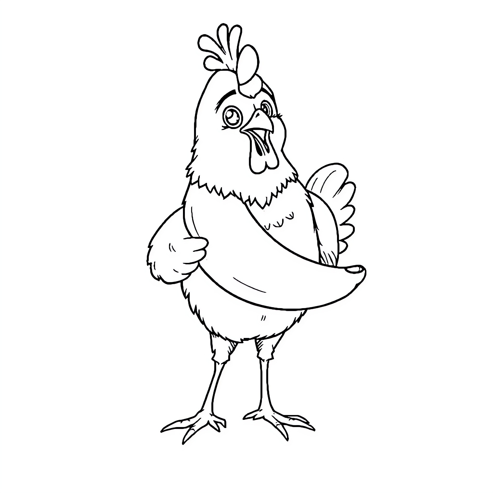 Chicken with Silly Expression Coloring Page (free black-and-white line drawing printable PDF for all, from beginners to advanced learners, including children, teens, adults, and seniors)
