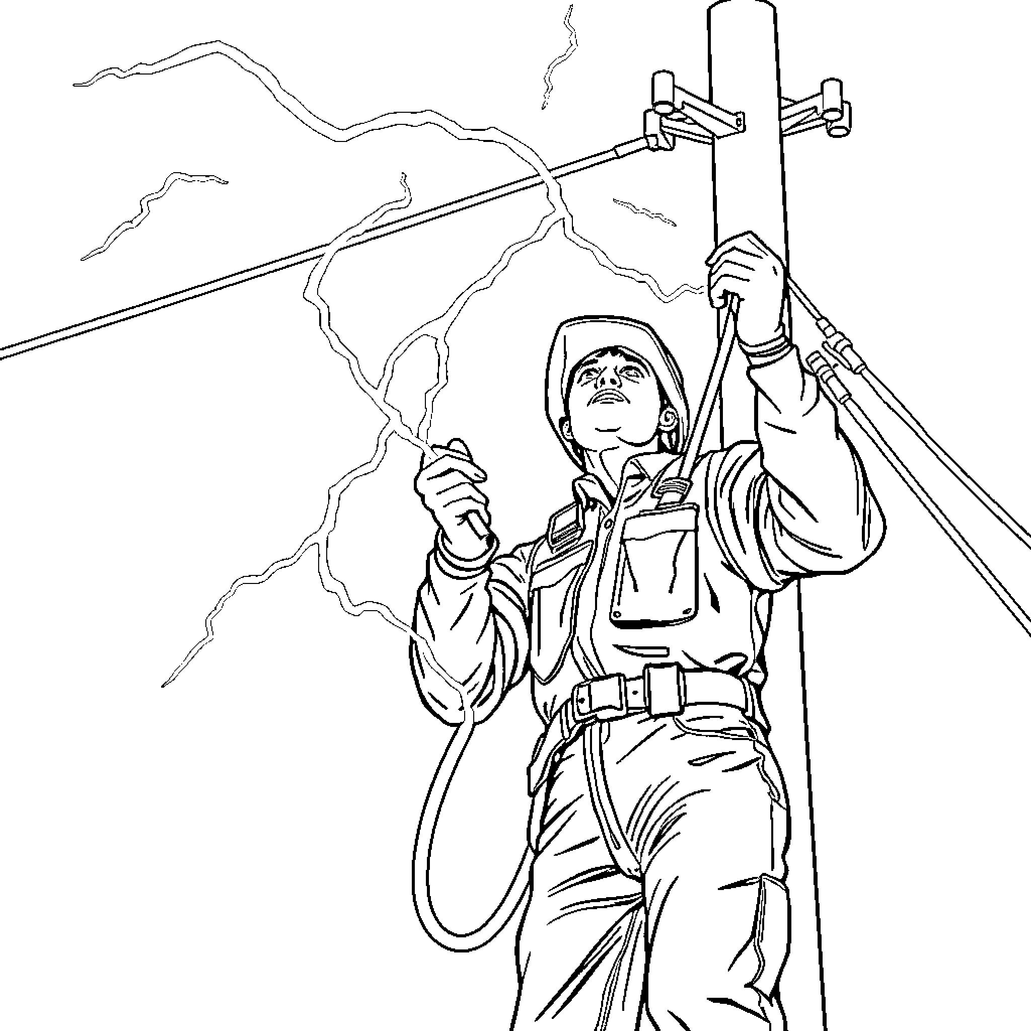 Electrician working during a thunderstorm Coloring Page (free black-and-white line drawing printable PDF for all, from beginners to advanced learners, including children, teens, adults, and seniors)