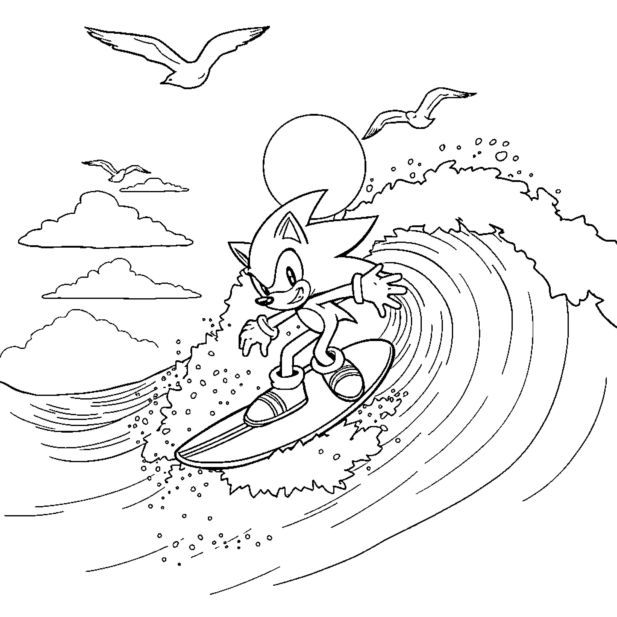 Sonic surfing a giant wave in the ocean Coloring Page (free black-and-white line drawing printable PDF for all, from beginners to advanced learners, including children, teens, adults, and seniors)