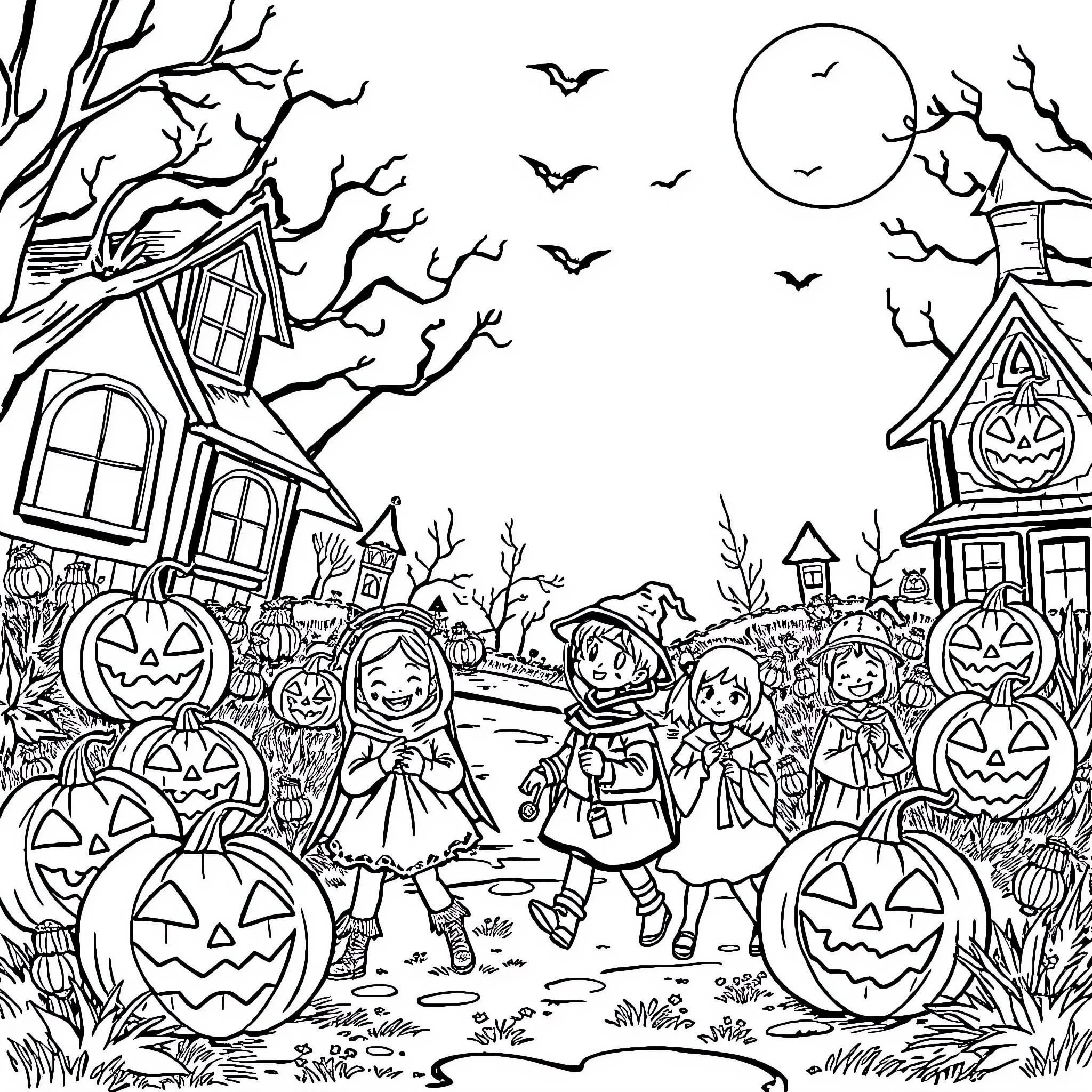 Halloween fun with costumed children in a haunted neighborhood Coloring Page (free black-and-white line drawing printable PDF for all, from beginners to advanced learners, including children, teens, adults, and seniors)