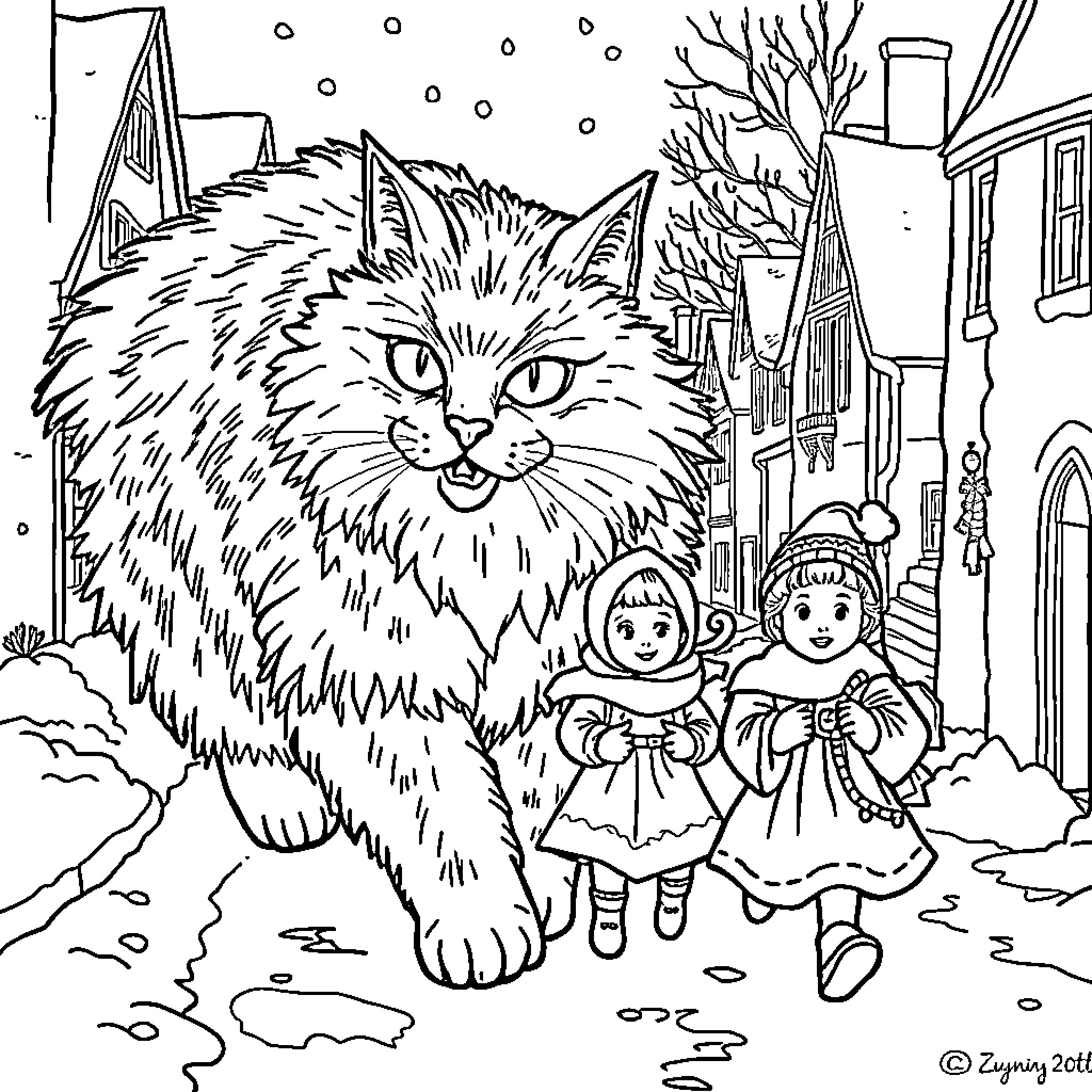 Yule Cat stalking through a snowy village Coloring Page (free black-and-white line drawing printable PDF for all, from beginners to advanced learners, including children, teens, adults, and seniors)