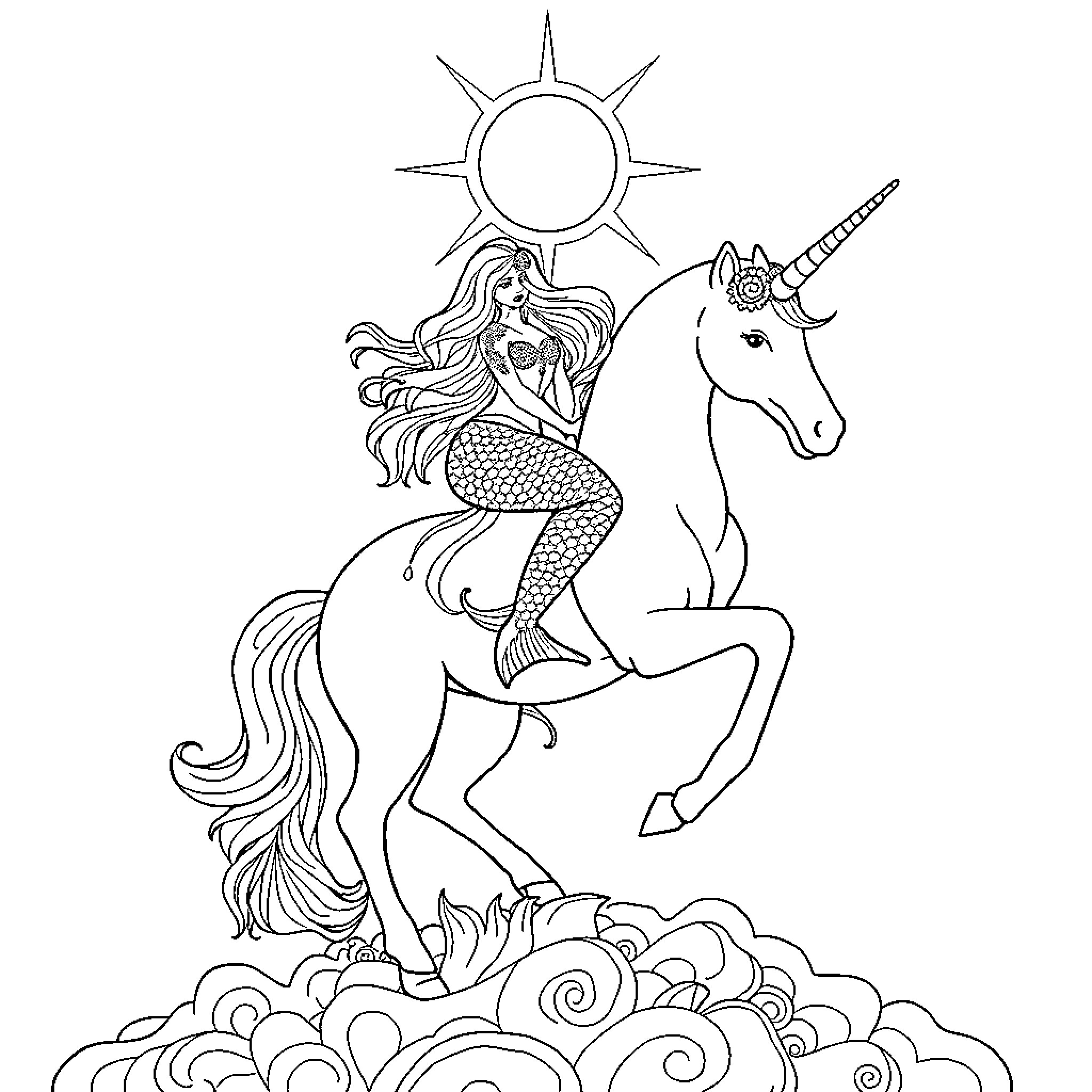 Mermaid riding a majestic unicorn in a fantasy scene Coloring Page (free black-and-white line drawing printable PDF for all, from beginners to advanced learners, including children, teens, adults, and seniors)