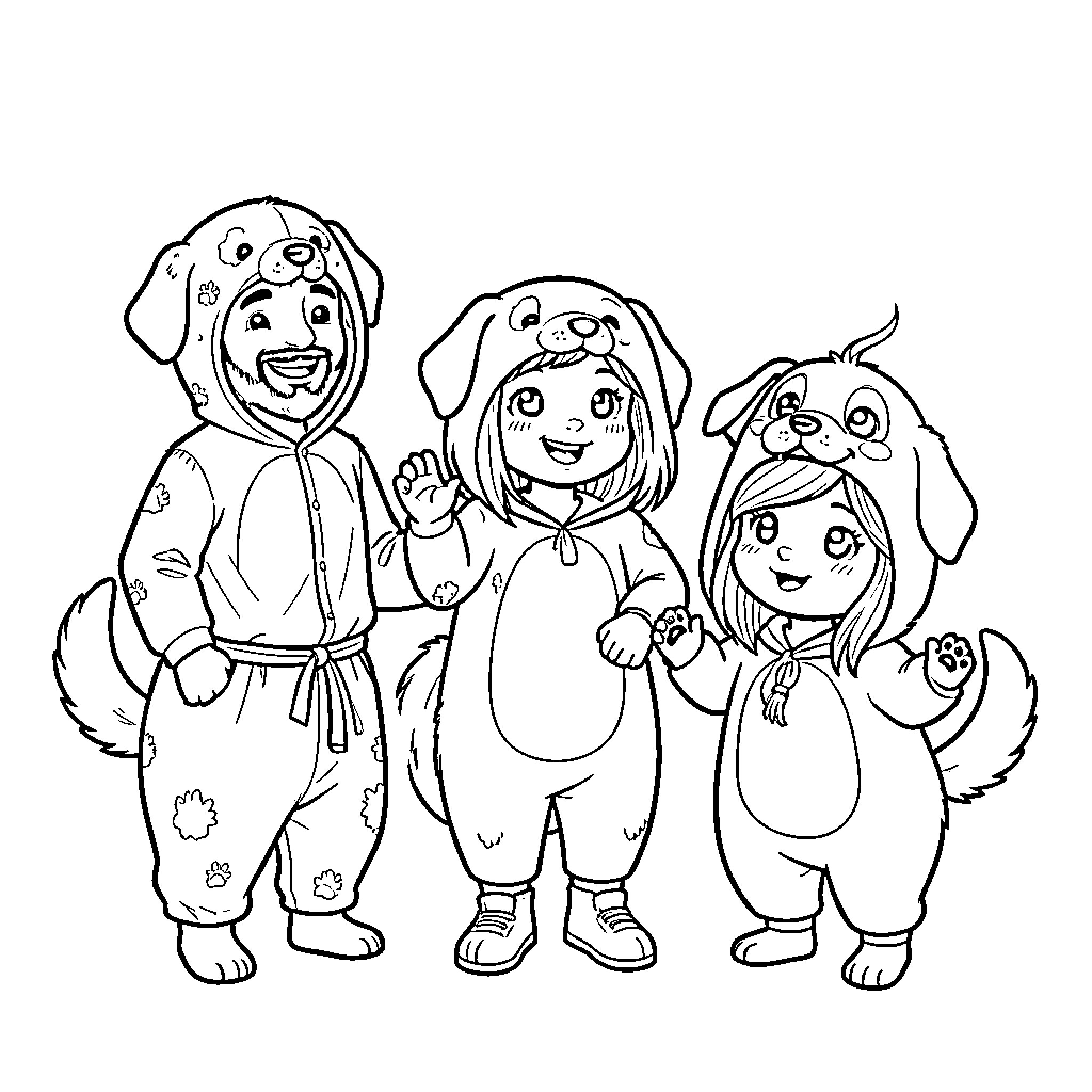 Chien family dressed in fun animal costumes Coloring Page (free black-and-white line drawing printable PDF for all, from beginners to advanced learners, including children, teens, adults, and seniors)