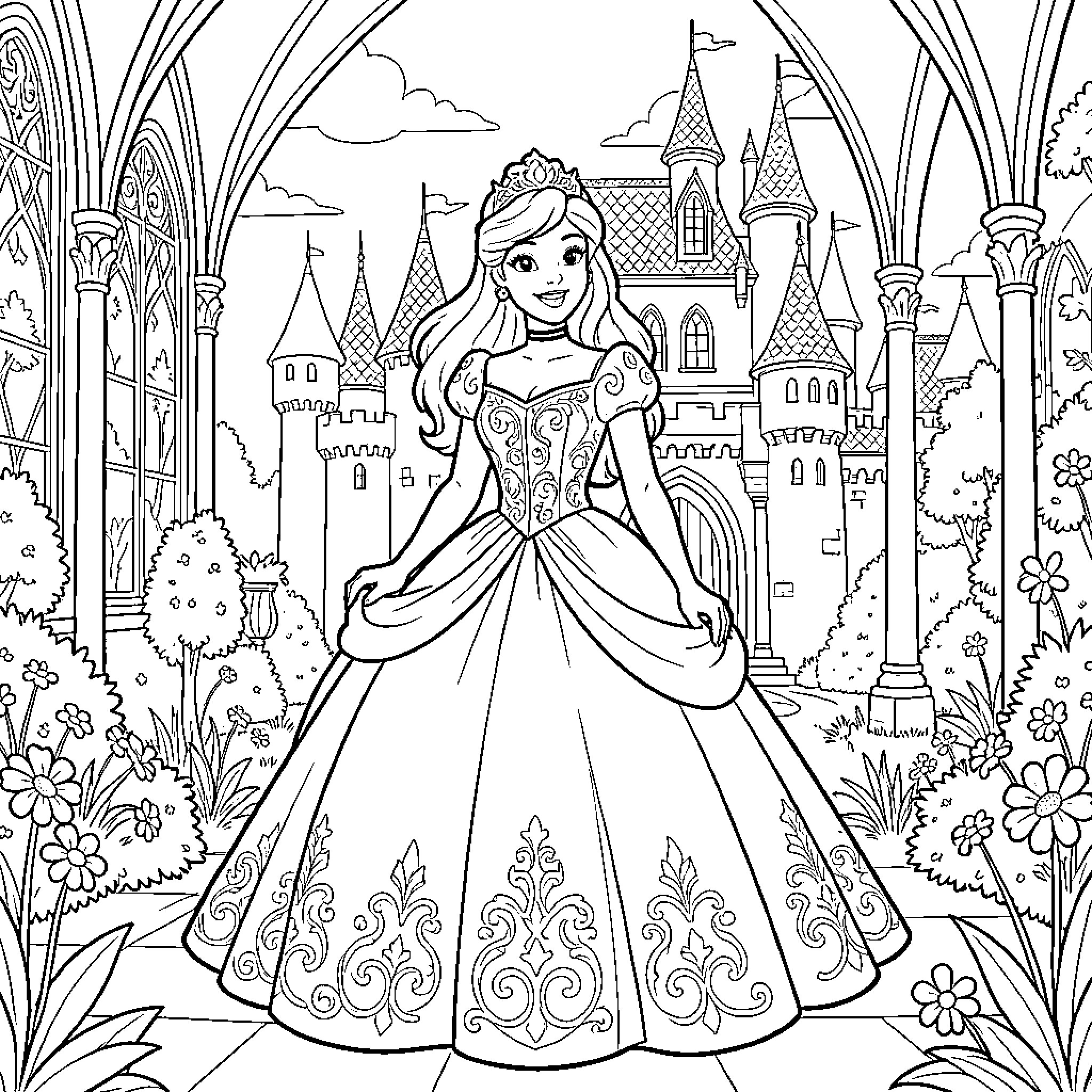 Princess in a Magnificent Castle Garden Coloring Page (free black-and-white line drawing printable PDF for all, from beginners to advanced learners, including children, teens, adults, and seniors)