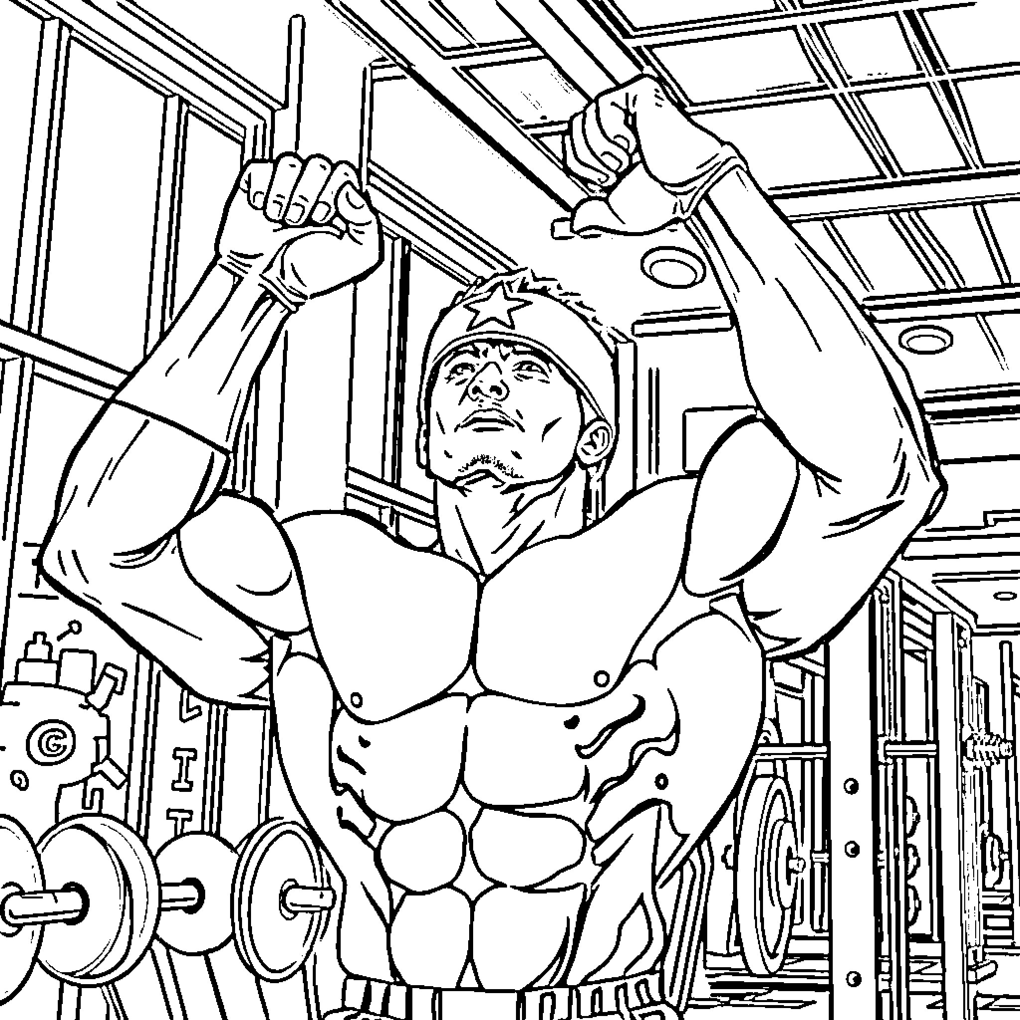 Captain America Working Out Intensely in Gym Coloring Page (free black-and-white line drawing printable PDF for all, from beginners to advanced learners, including children, teens, adults, and seniors)