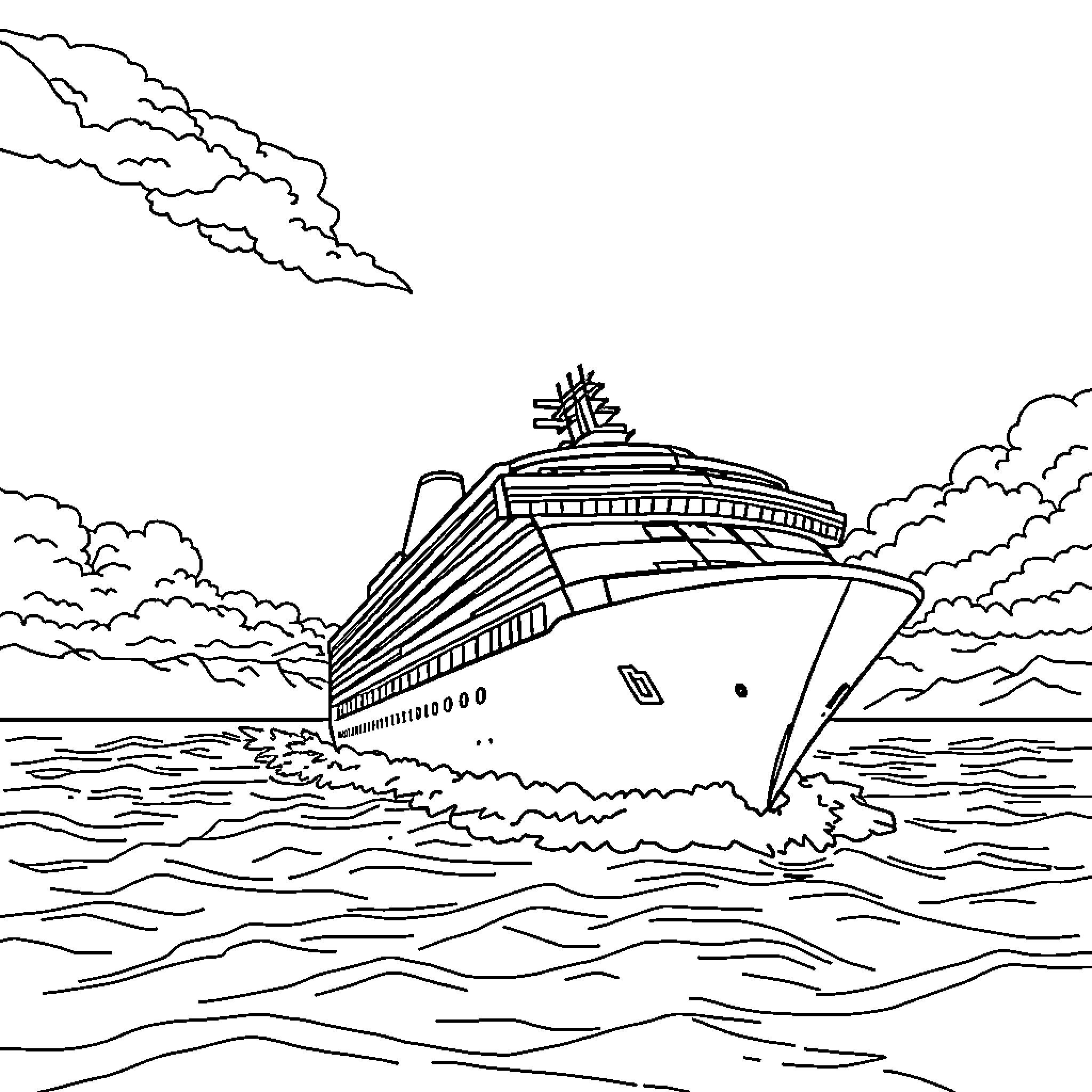 Cruise Ship Sailing Through Stormy Seas Coloring Page (free black-and-white line drawing printable PDF for all, from beginners to advanced learners, including children, teens, adults, and seniors)