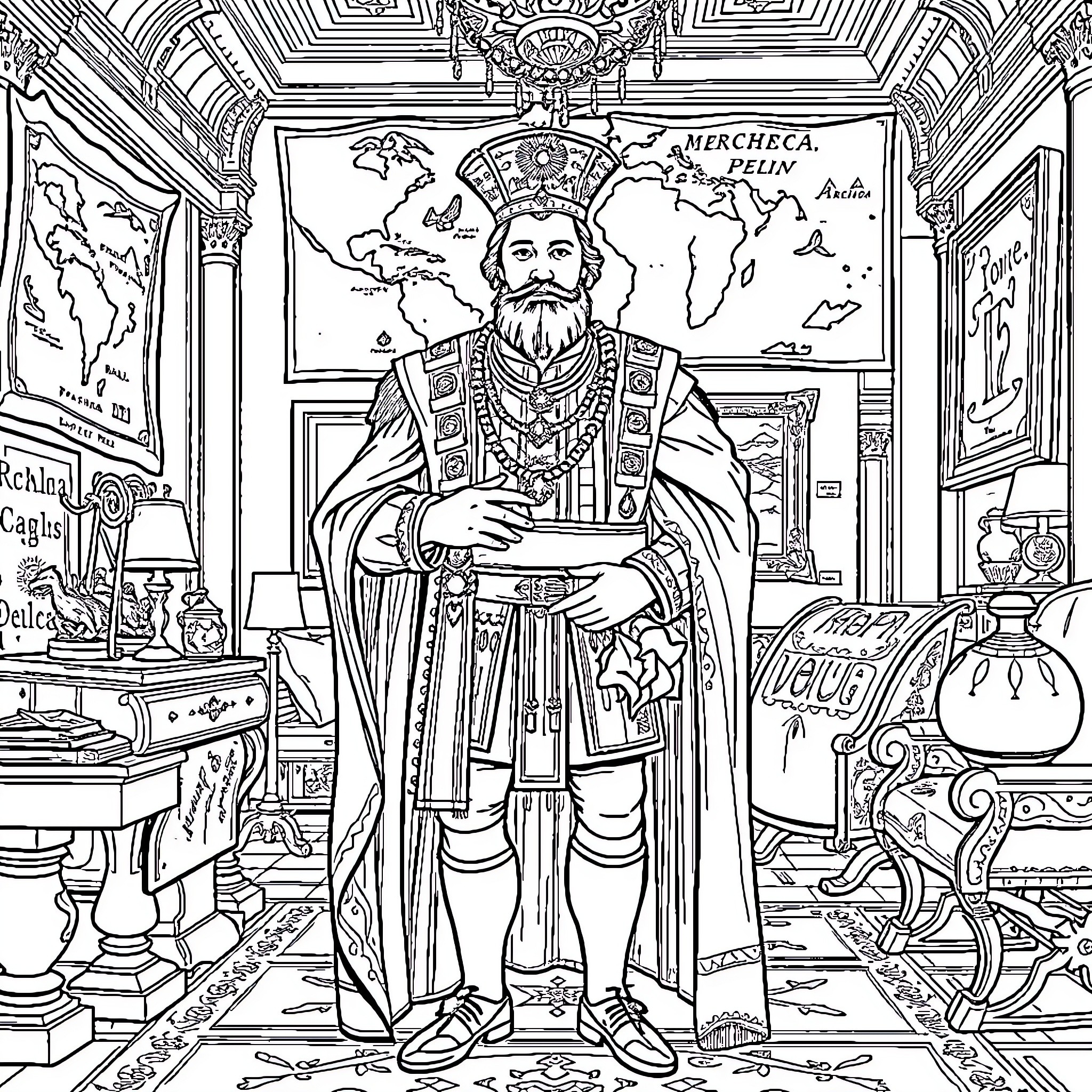 Viceroy presiding over his domain with a world map Coloring Page (free black-and-white line drawing printable PDF for all, from beginners to advanced learners, including children, teens, adults, and seniors)