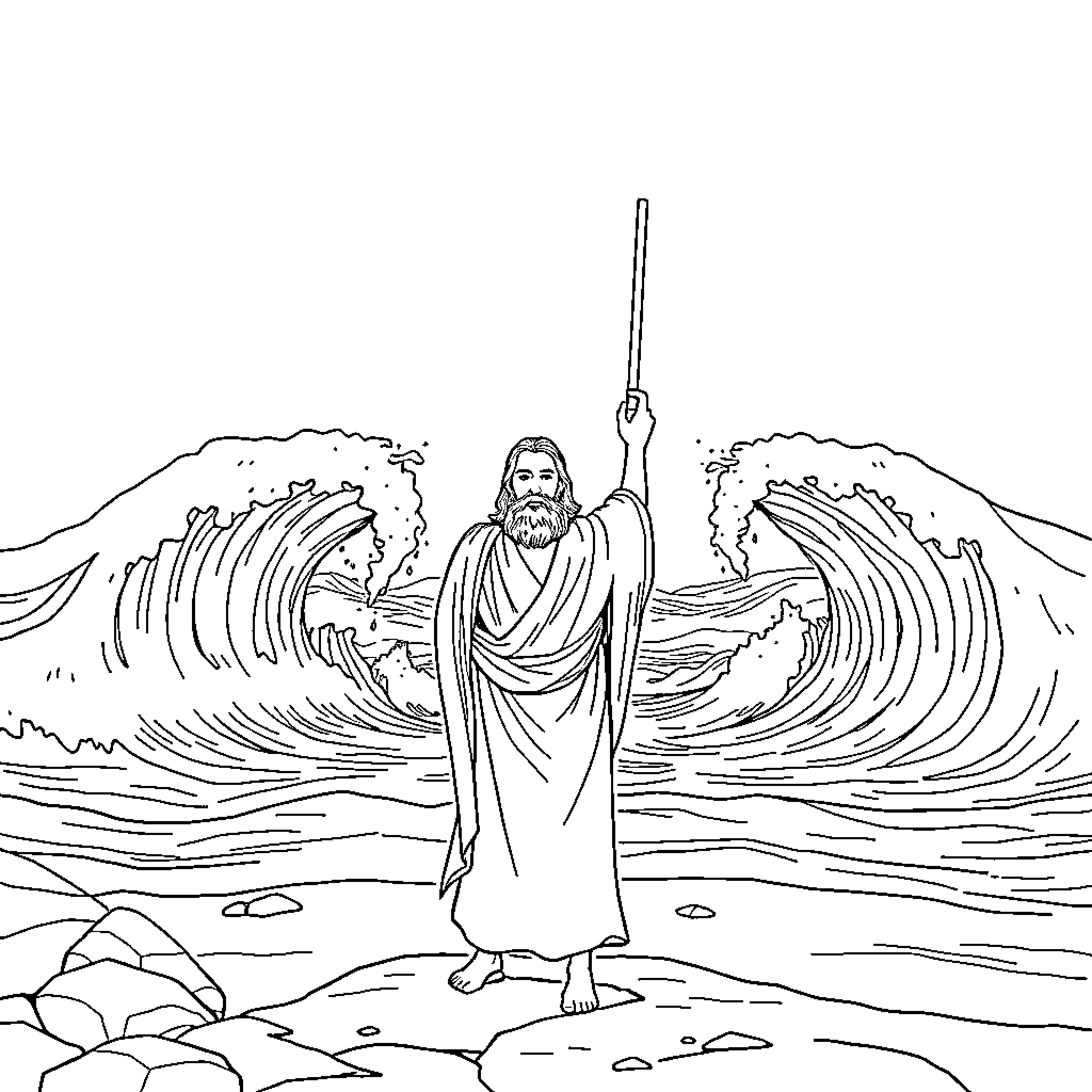 Moses Parts the Sea with Outstretched Arm Coloring Page (free black-and-white line drawing printable PDF for all, from beginners to advanced learners, including children, teens, adults, and seniors)
