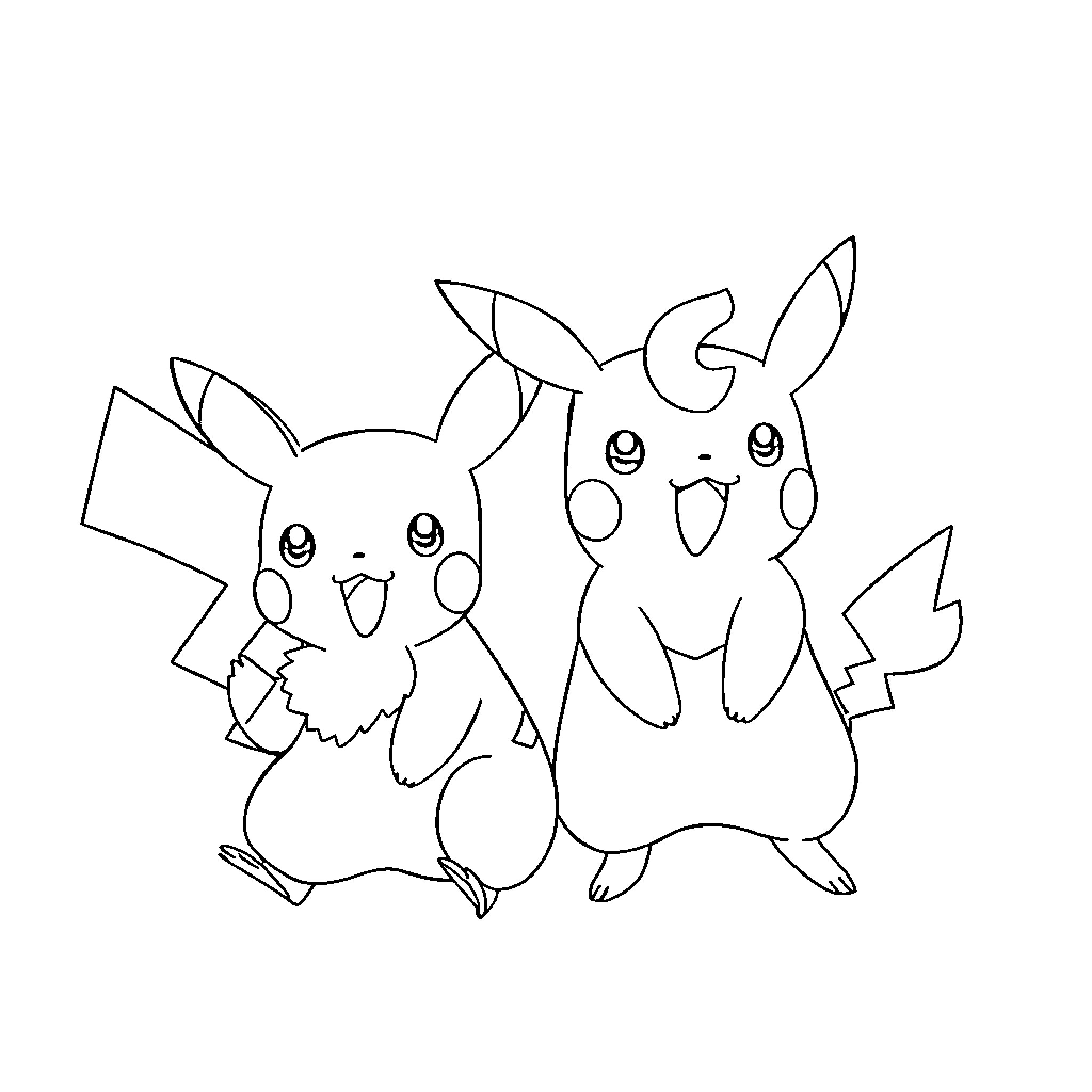 Pikachu characters in playful poses Coloring Page (free black-and-white line drawing printable PDF for all, from beginners to advanced learners, including children, teens, adults, and seniors)