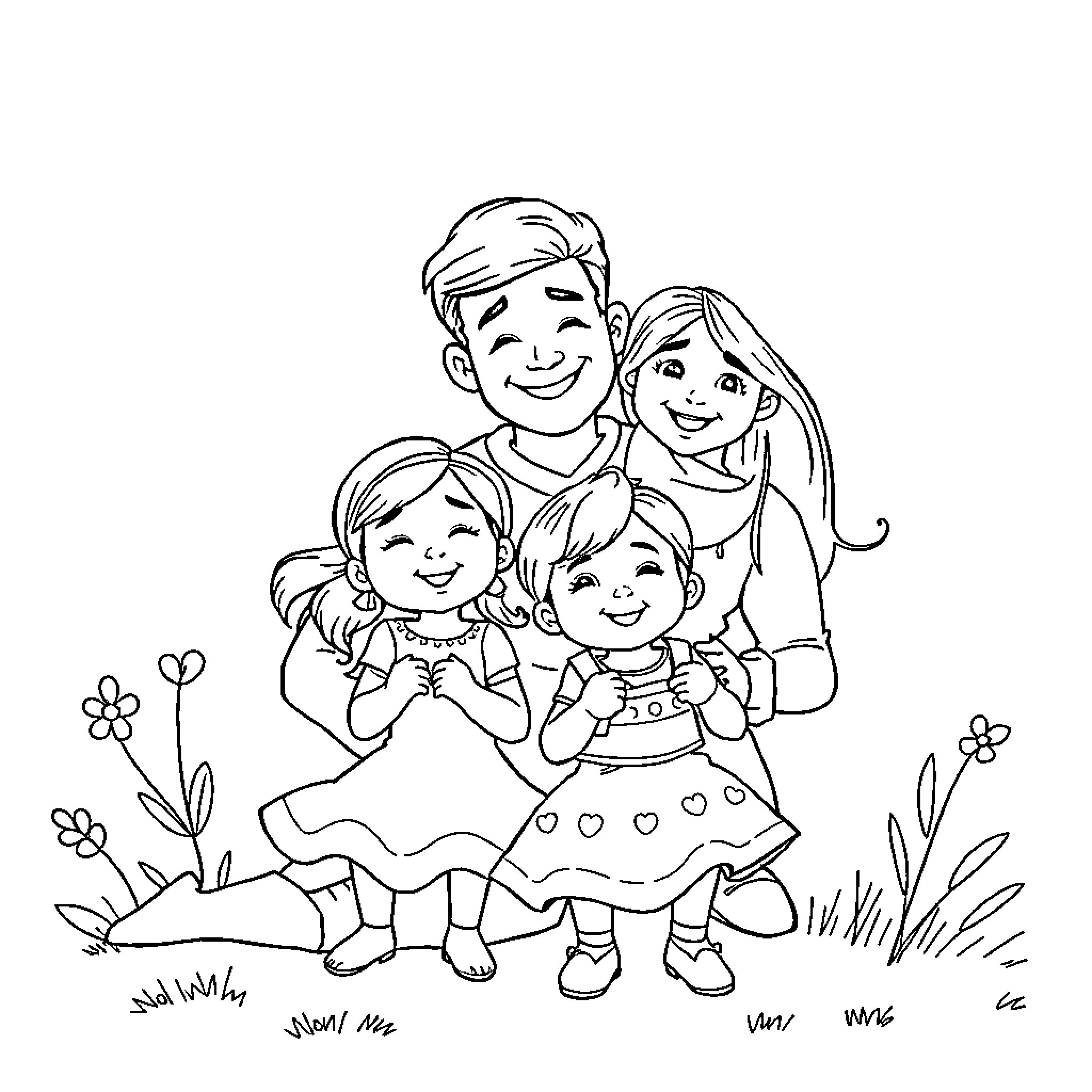 Familia enjoying a joyful outdoor gathering Coloring Page (free black-and-white line drawing printable PDF for all, from beginners to advanced learners, including children, teens, adults, and seniors)
