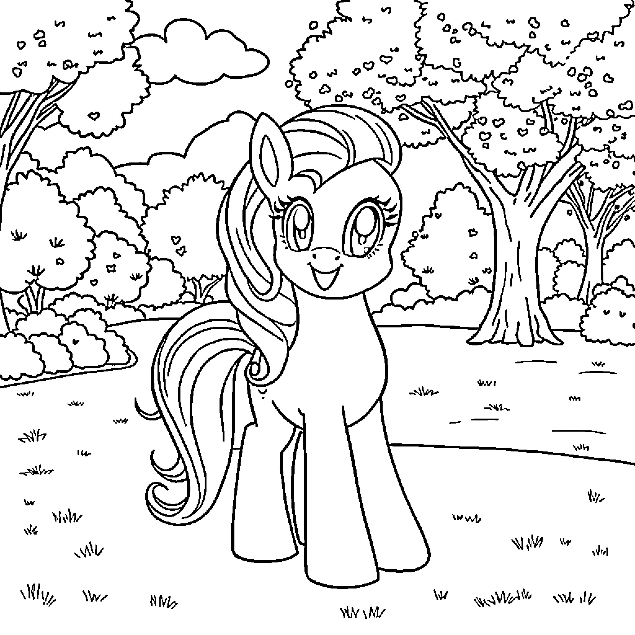 Pony exploring the enchanting forest landscape Coloring Page (free black-and-white line drawing printable PDF for all, from beginners to advanced learners, including children, teens, adults, and seniors)