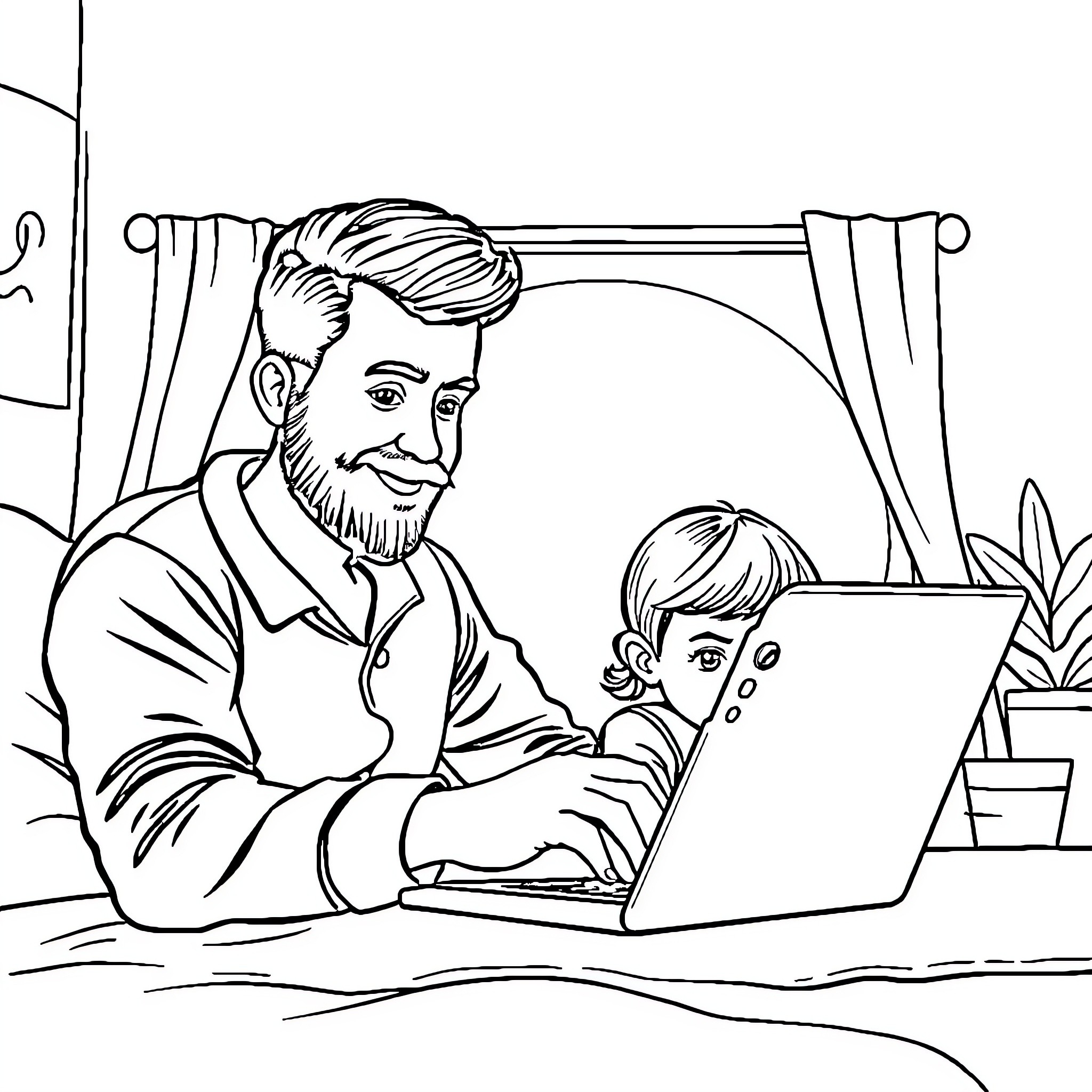 Father and child working together on laptop Coloring Page (free black-and-white line drawing printable PDF for all, from beginners to advanced learners, including children, teens, adults, and seniors)