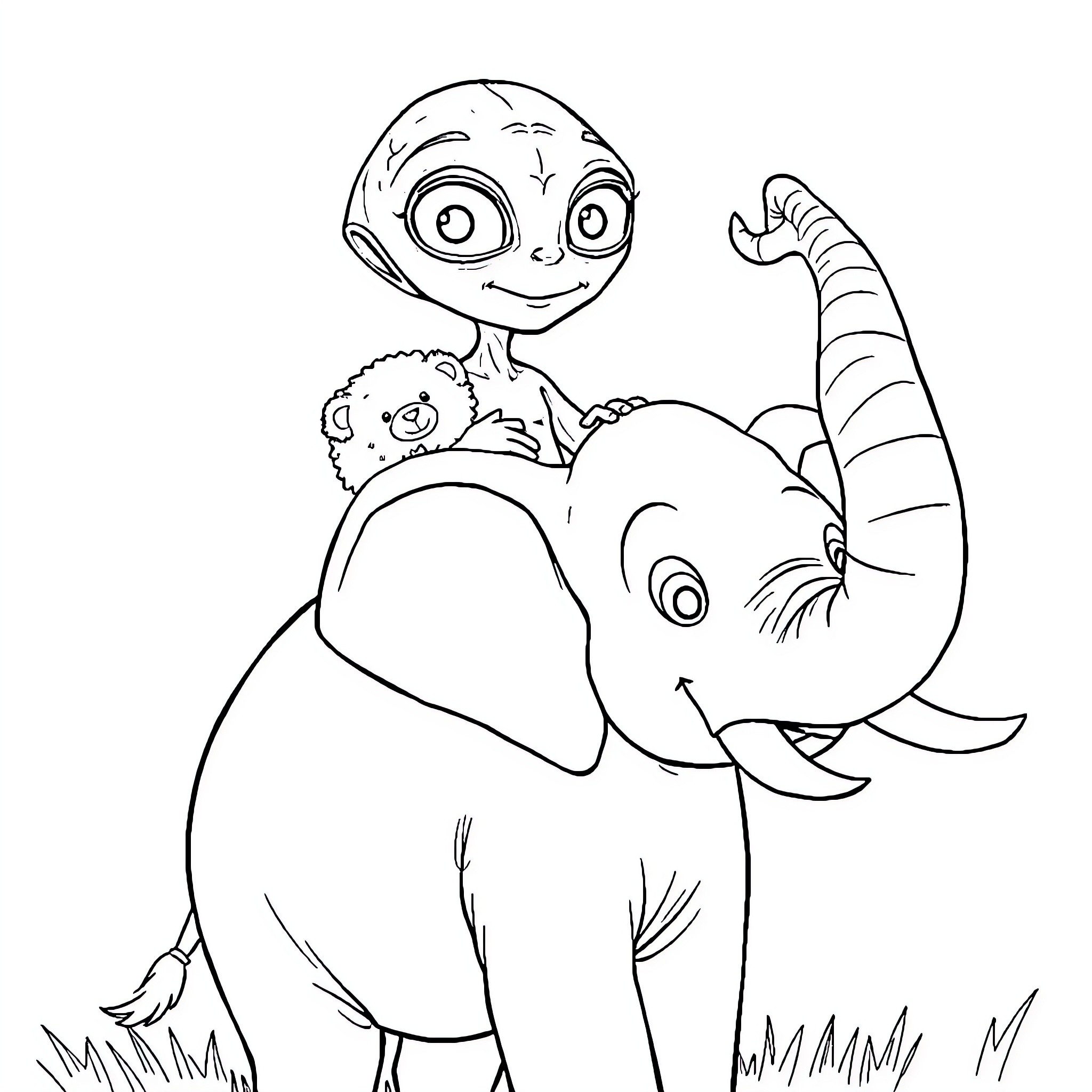 Alien creature riding a fantastical animal Coloring Page (free black-and-white line drawing printable PDF for all, from beginners to advanced learners, including children, teens, adults, and seniors)