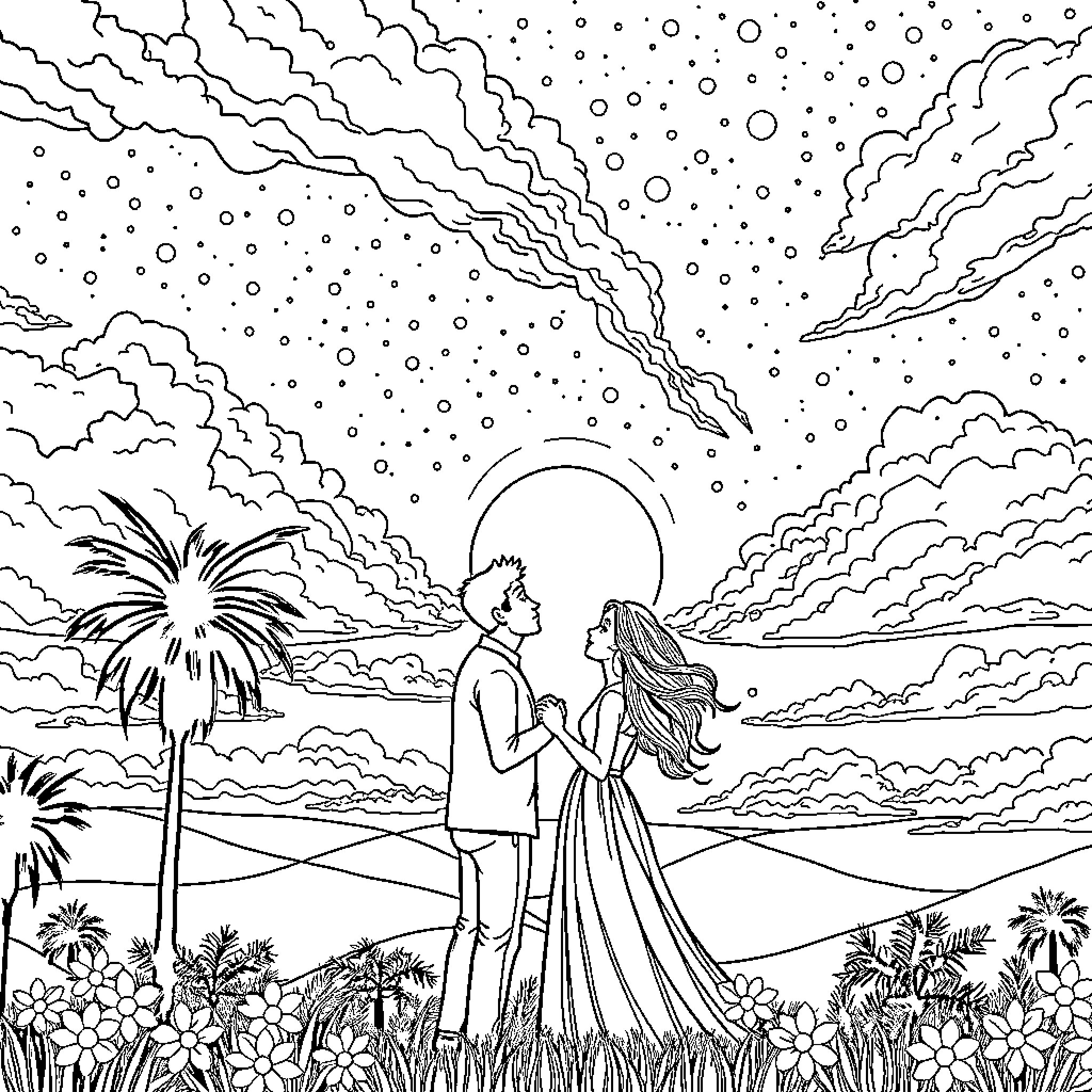 Couple admiring the starry night sky Coloring Page (free black-and-white line drawing printable PDF for all, from beginners to advanced learners, including children, teens, adults, and seniors)