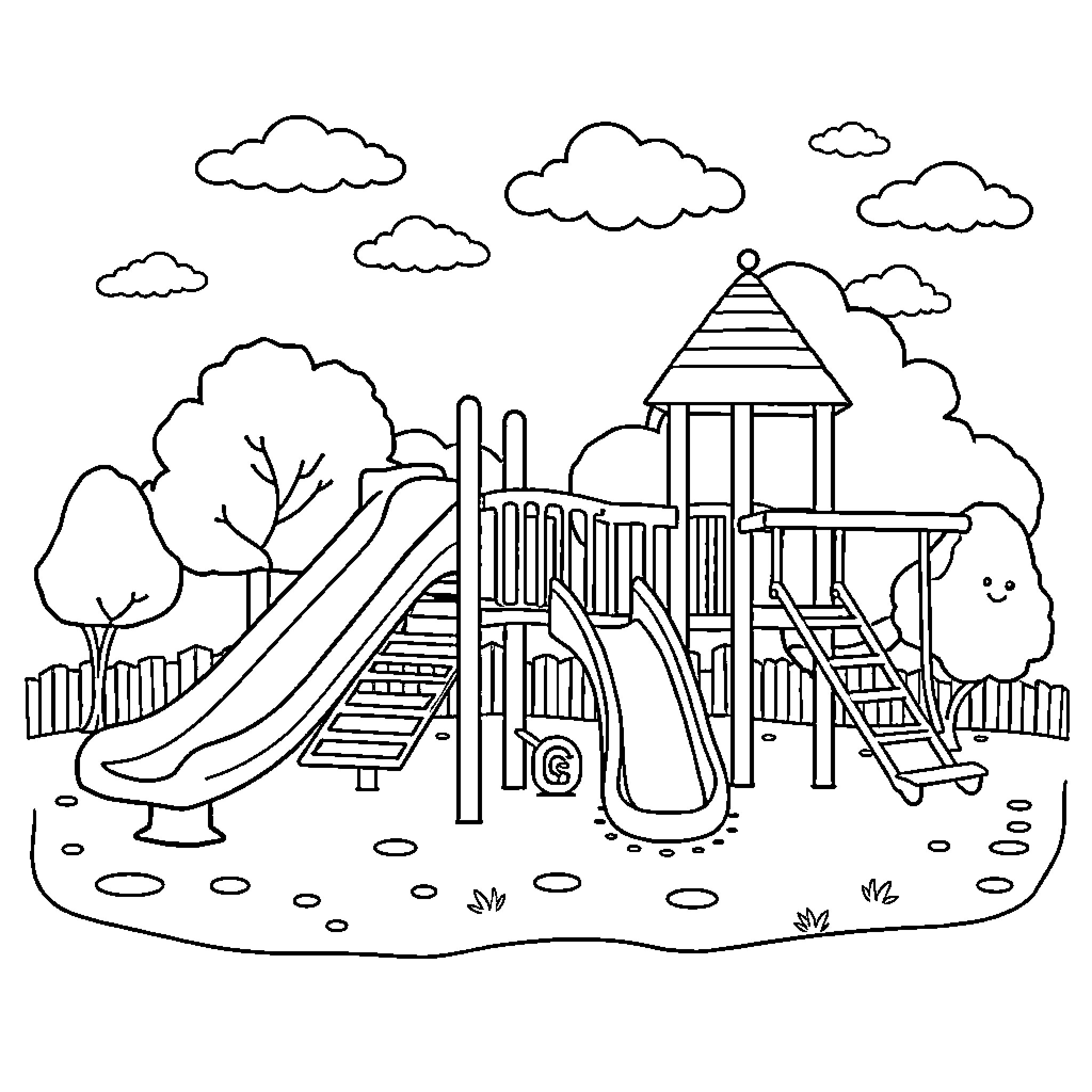 Playground equipment on a sunny day Coloring Page (free black-and-white line drawing printable PDF for all, from beginners to advanced learners, including children, teens, adults, and seniors)