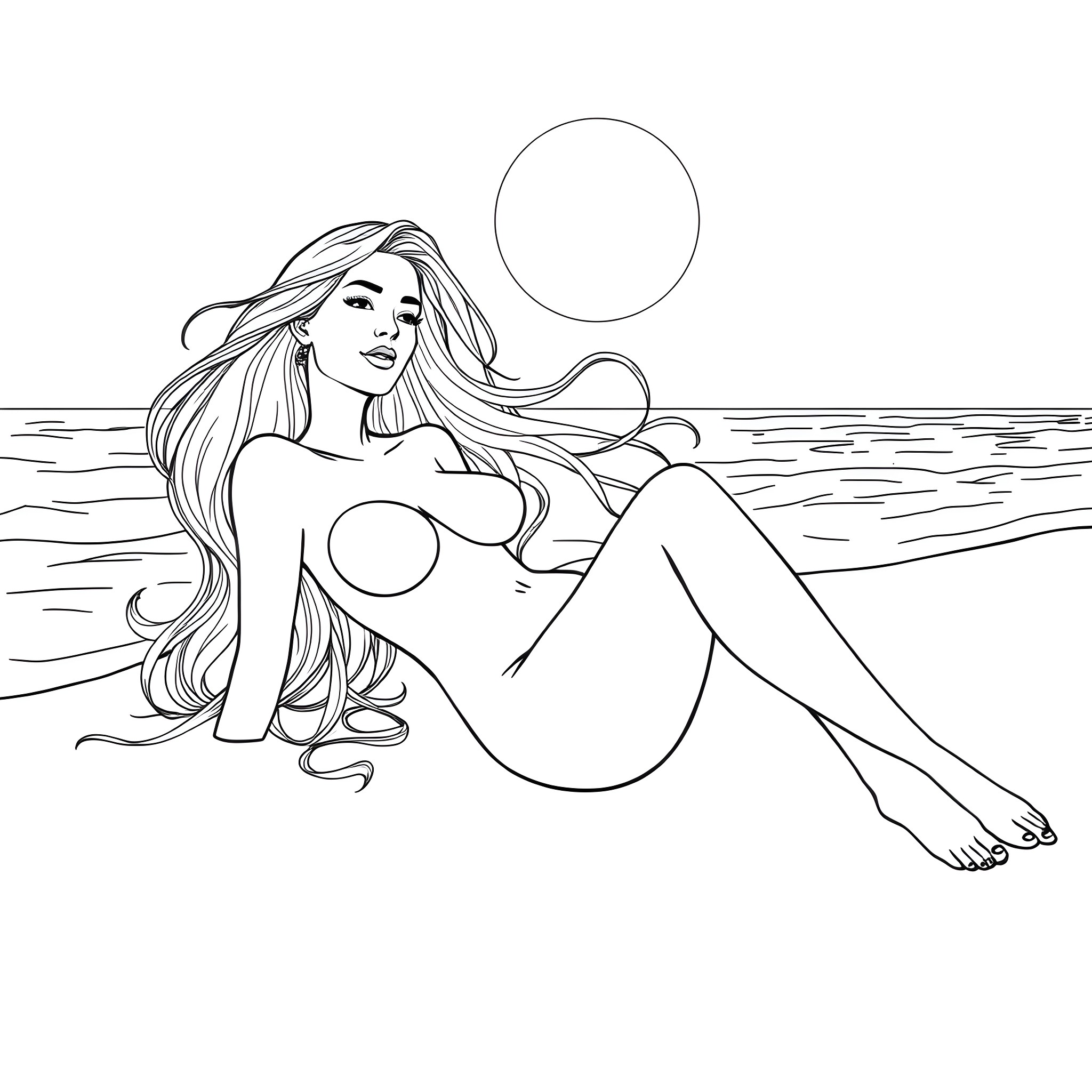Woman relaxing on the beach under the moonlight Coloring Page (free black-and-white line drawing printable PDF for all, from beginners to advanced learners, including children, teens, adults, and seniors)