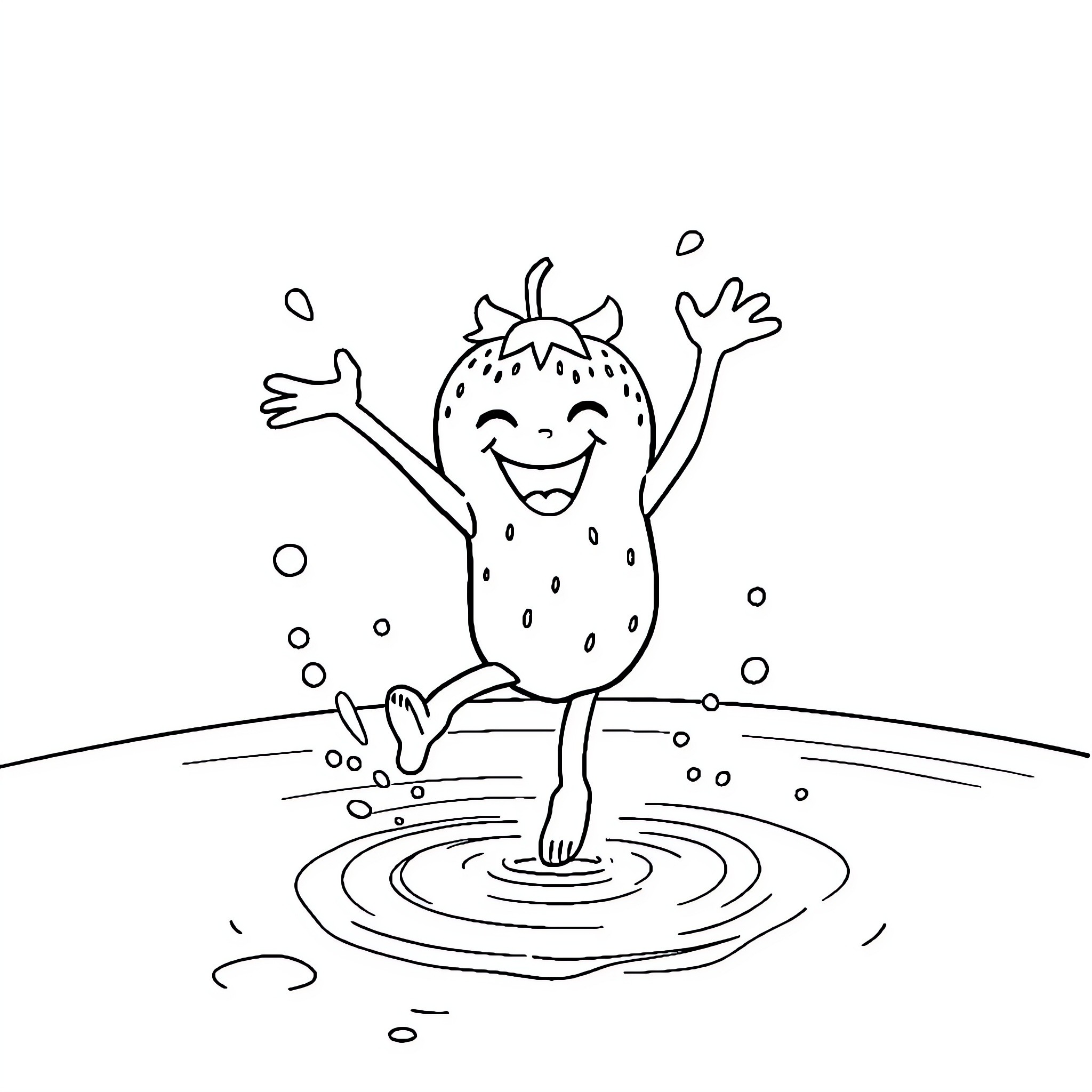 Strawberry figure dancing joyfully in water Coloring Page (free black-and-white line drawing printable PDF for all, from beginners to advanced learners, including children, teens, adults, and seniors)