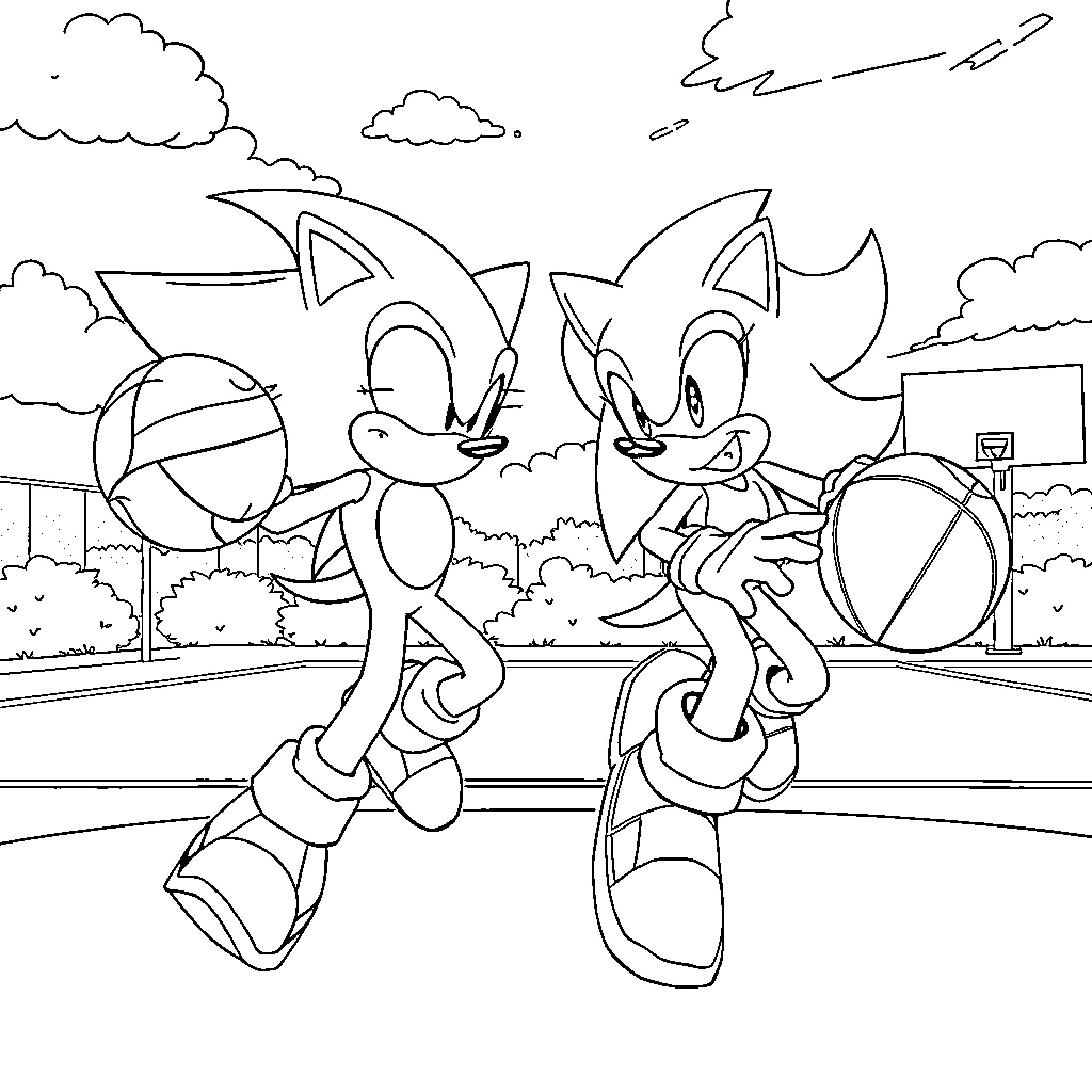 Hedgehogs playing basketball on court Coloring Page (free black-and-white line drawing printable PDF for all, from beginners to advanced learners, including children, teens, adults, and seniors)