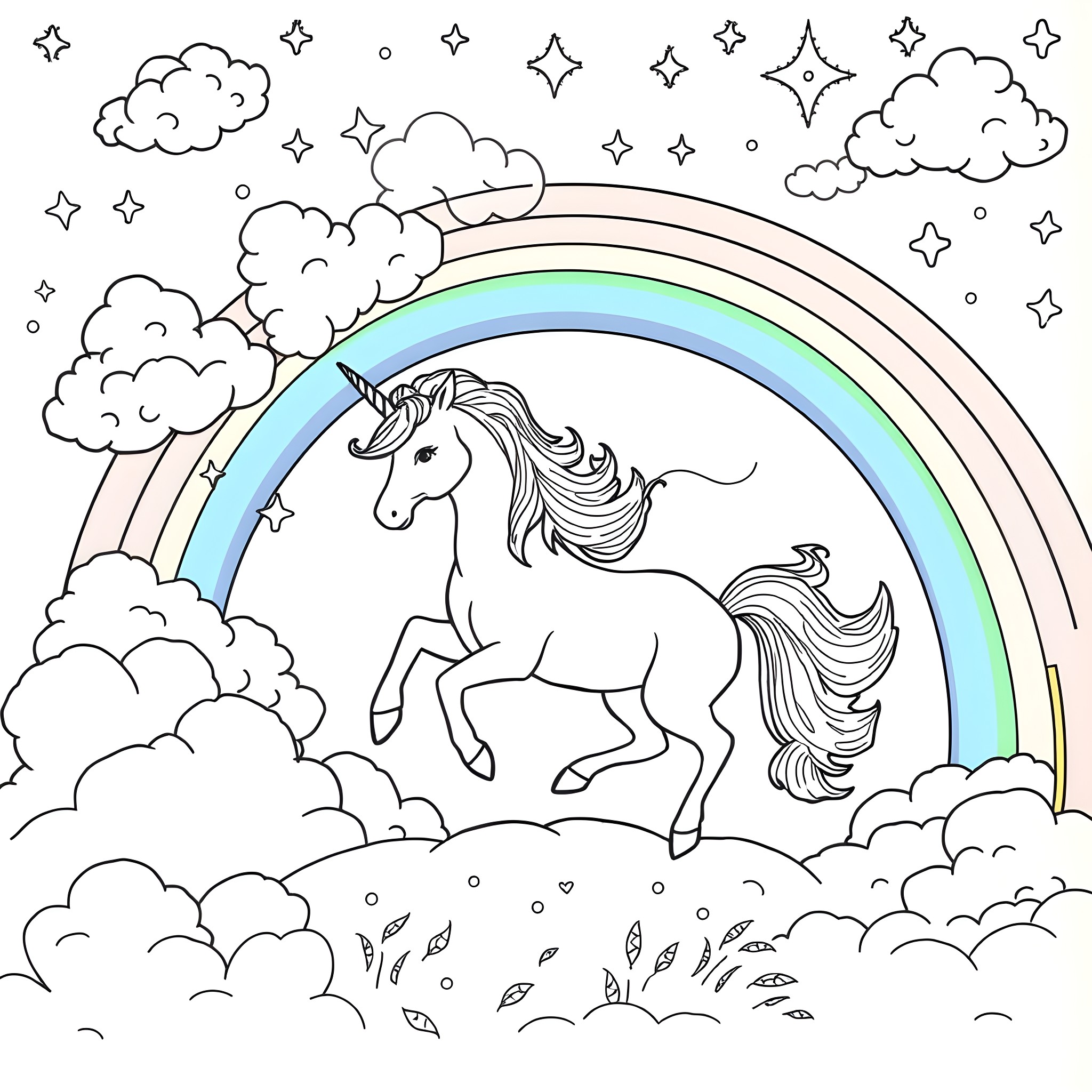 Unicorn running through the starry sky Coloring Page (free black-and-white line drawing printable PDF for all, from beginners to advanced learners, including children, teens, adults, and seniors)