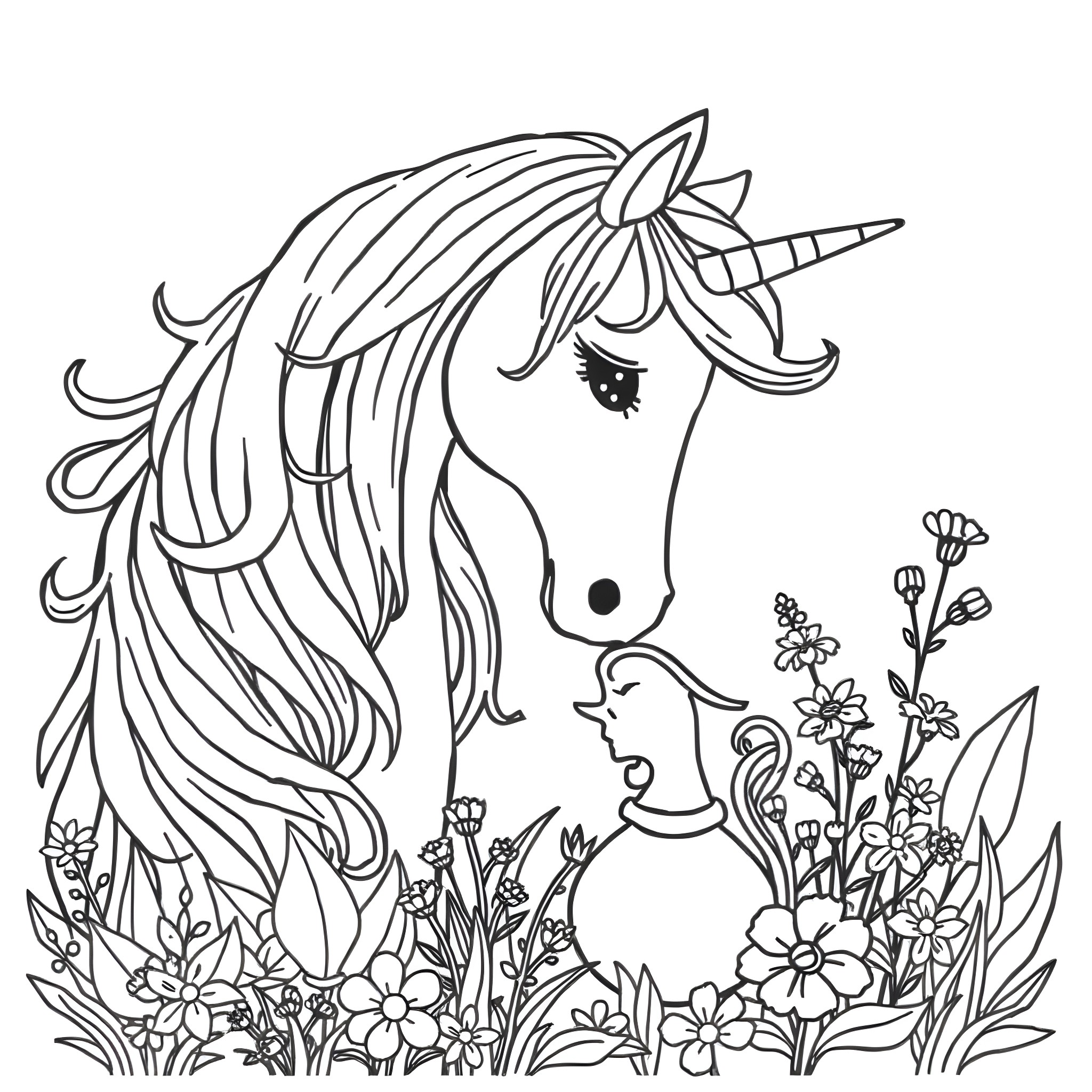 Unicorn in a Whimsical Floral Garden Coloring Page (free black-and-white line drawing printable PDF for all, from beginners to advanced learners, including children, teens, adults, and seniors)