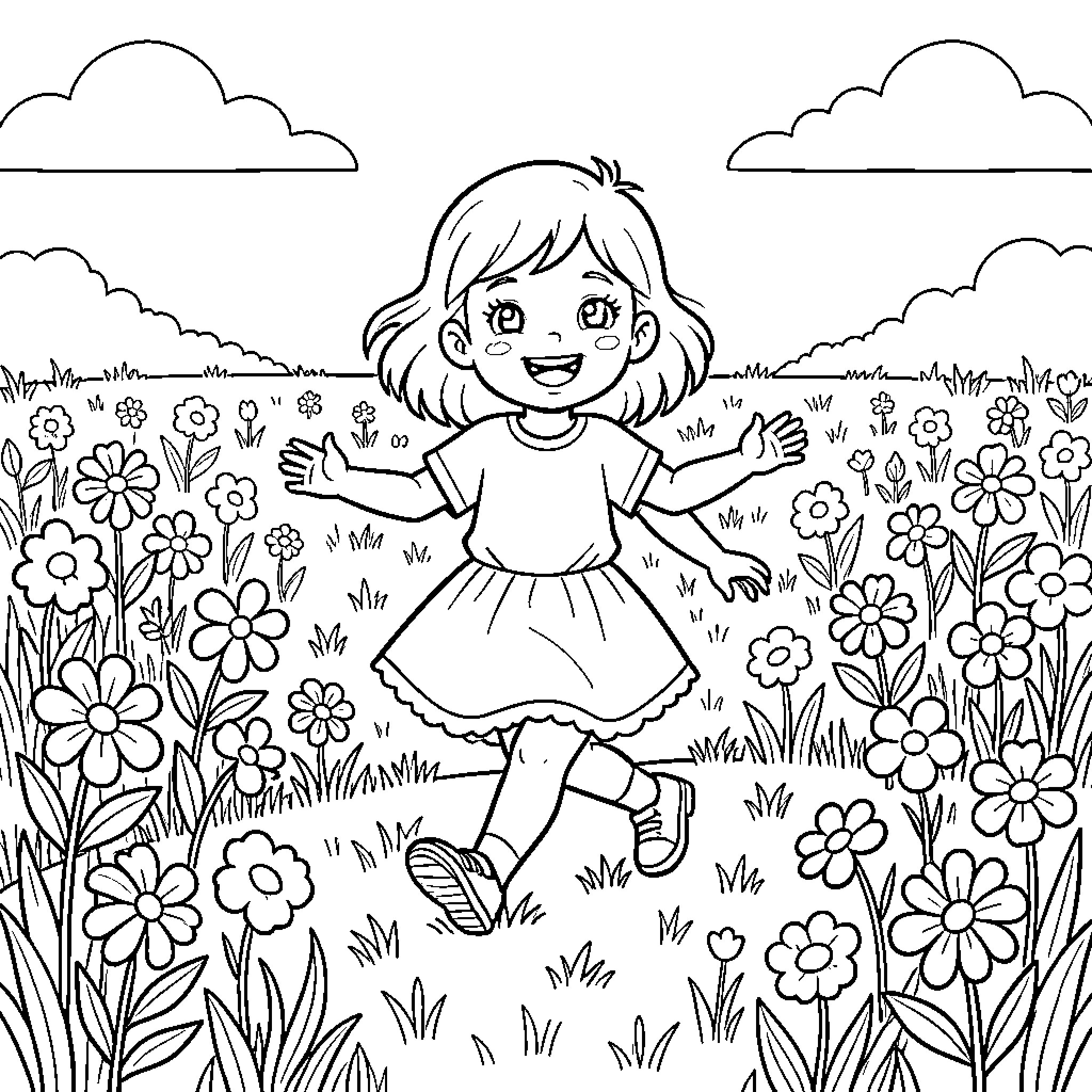 Girl playing happily in a flowery garden Coloring Page (free black-and-white line drawing printable PDF for all, from beginners to advanced learners, including children, teens, adults, and seniors)