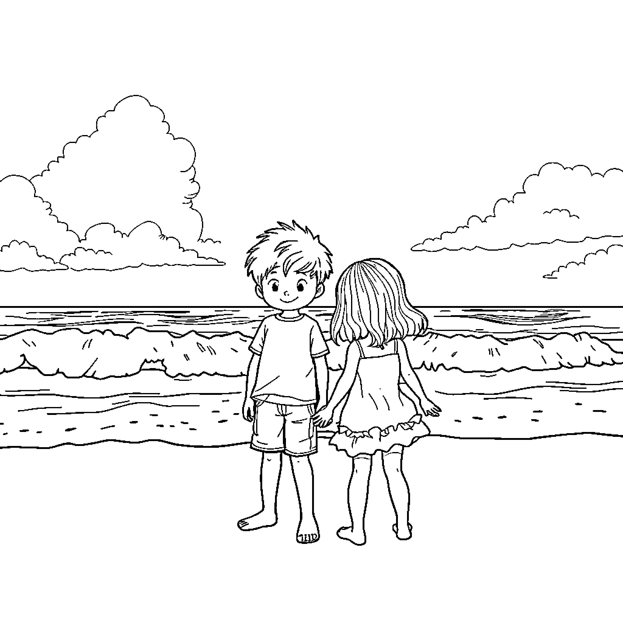 Child friends playing together on the beach Coloring Page (free black-and-white line drawing printable PDF for all, from beginners to advanced learners, including children, teens, adults, and seniors)