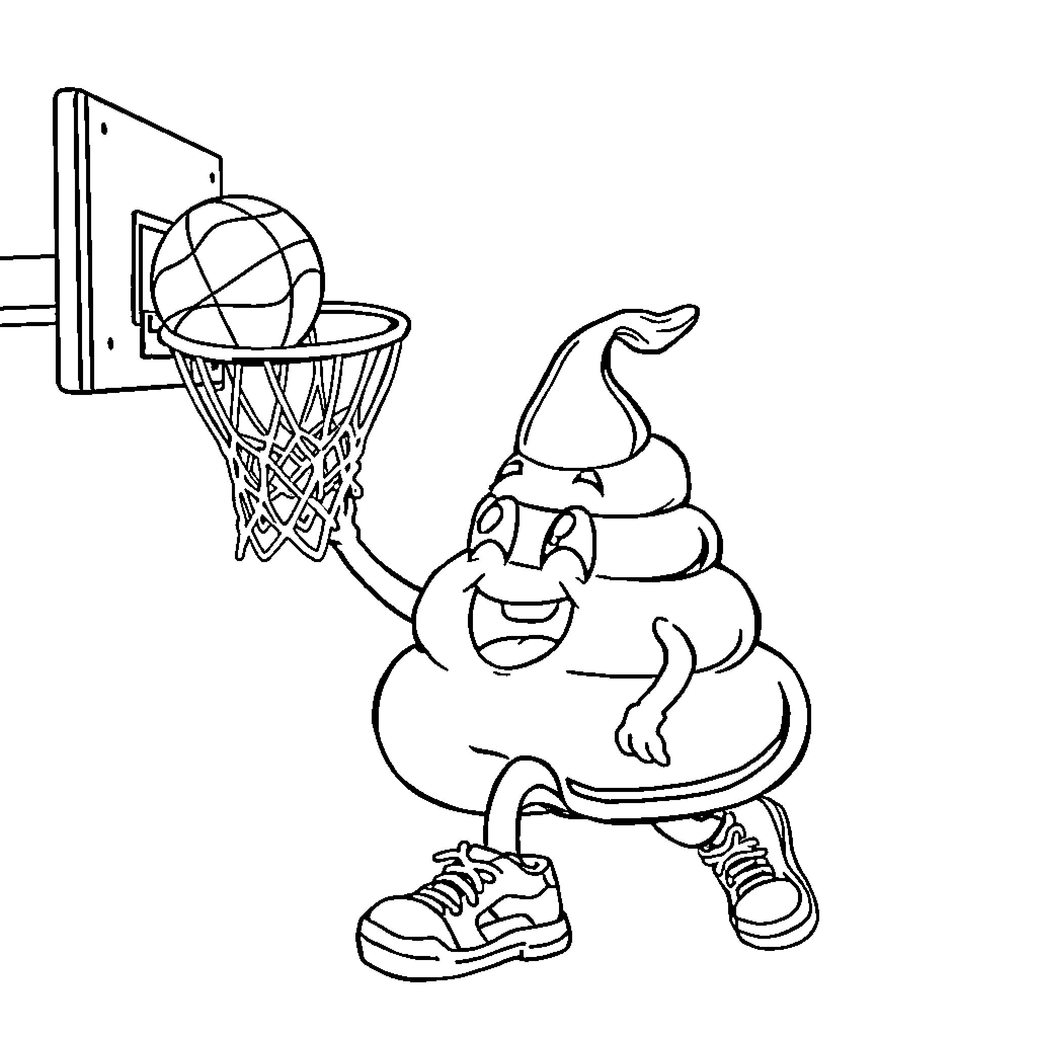 Poop dunking basketball happily in hoop Coloring Page (free black-and-white line drawing printable PDF for all, from beginners to advanced learners, including children, teens, adults, and seniors)