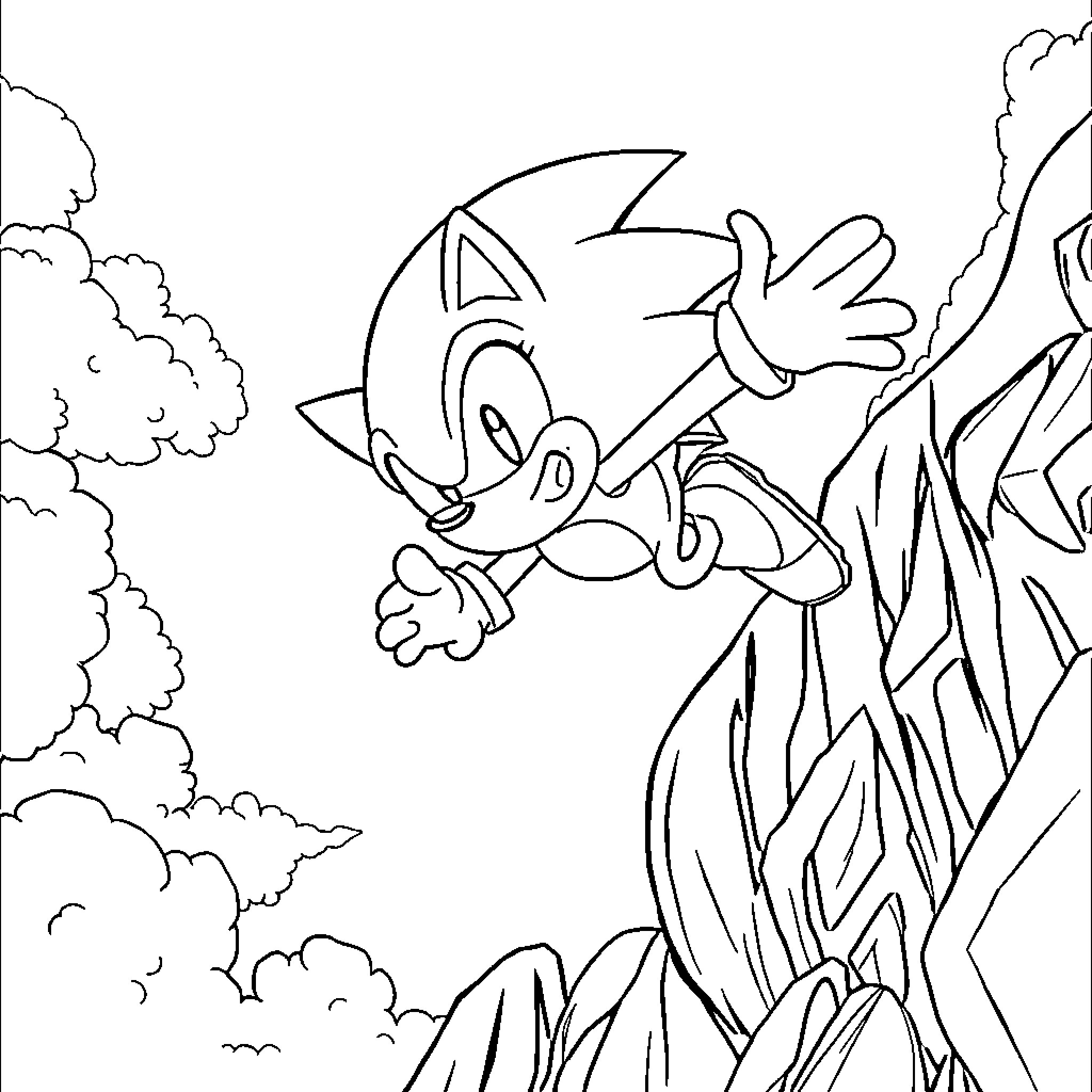 Sonic jumping through the rocky landscape Coloring Page (free black-and-white line drawing printable PDF for all, from beginners to advanced learners, including children, teens, adults, and seniors)