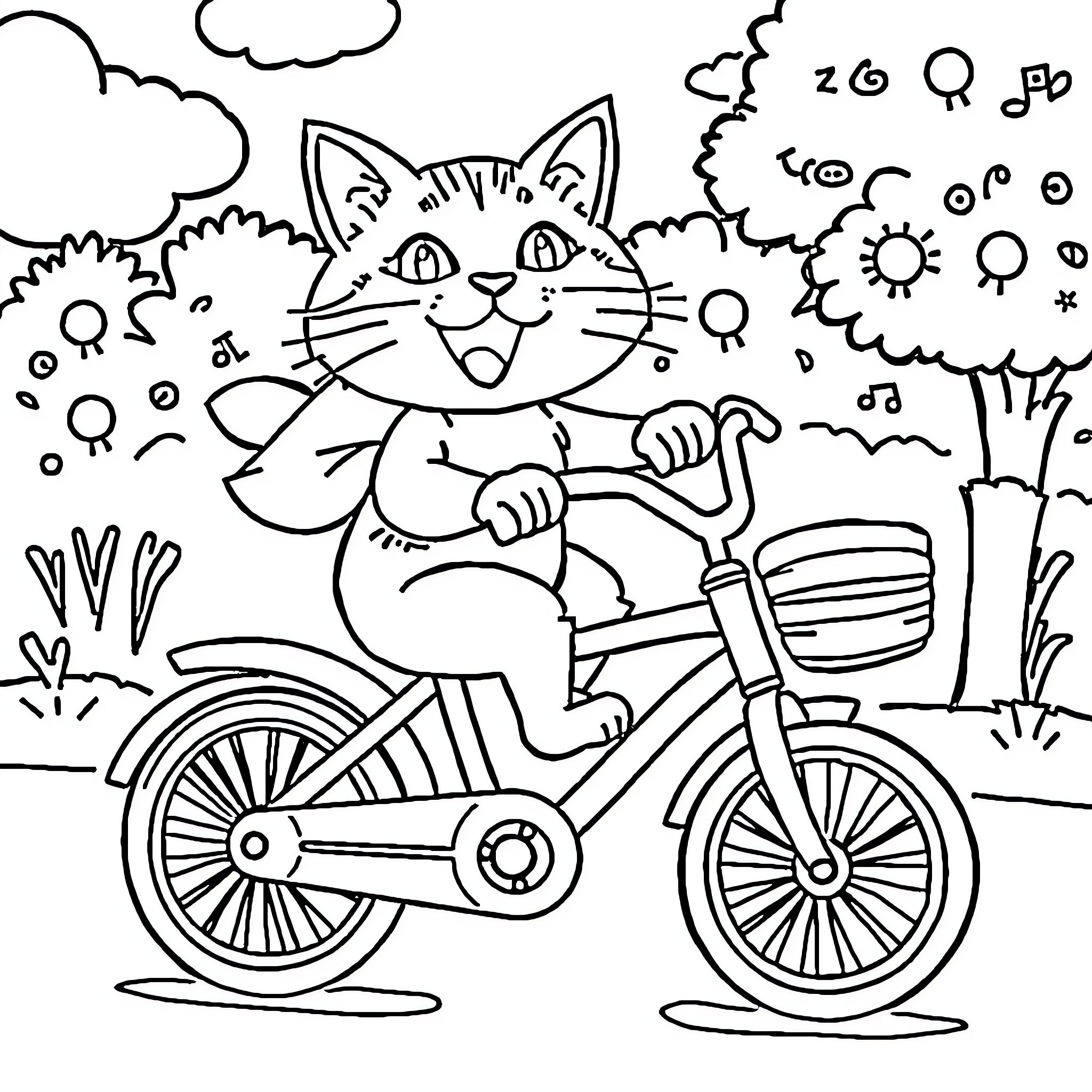 Cat riding a bicycle in a playful setting Coloring Page (free black-and-white line drawing printable PDF for all, from beginners to advanced learners, including children, teens, adults, and seniors)