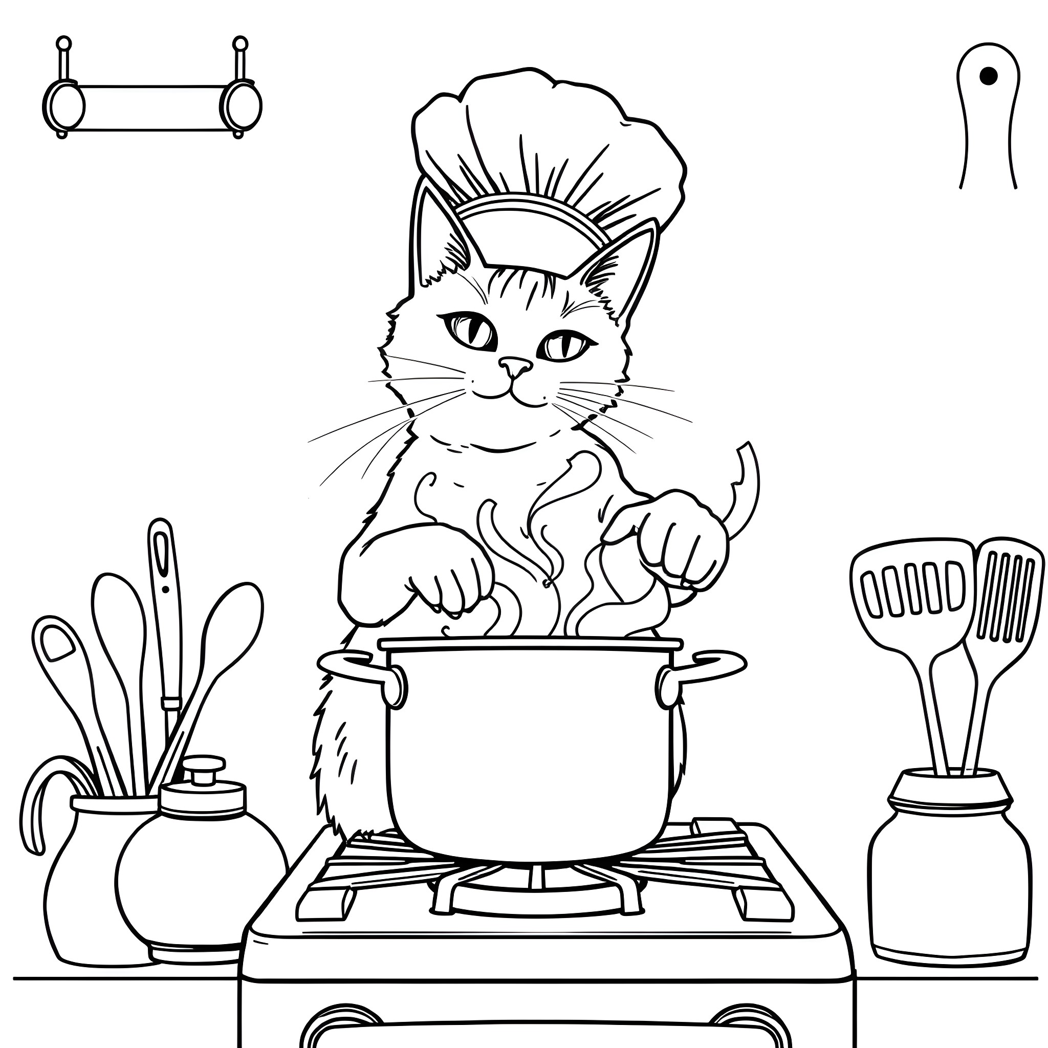 Siamese Cat Cooking in the Kitchen Coloring Page (free black-and-white line drawing printable PDF for all, from beginners to advanced learners, including children, teens, adults, and seniors)