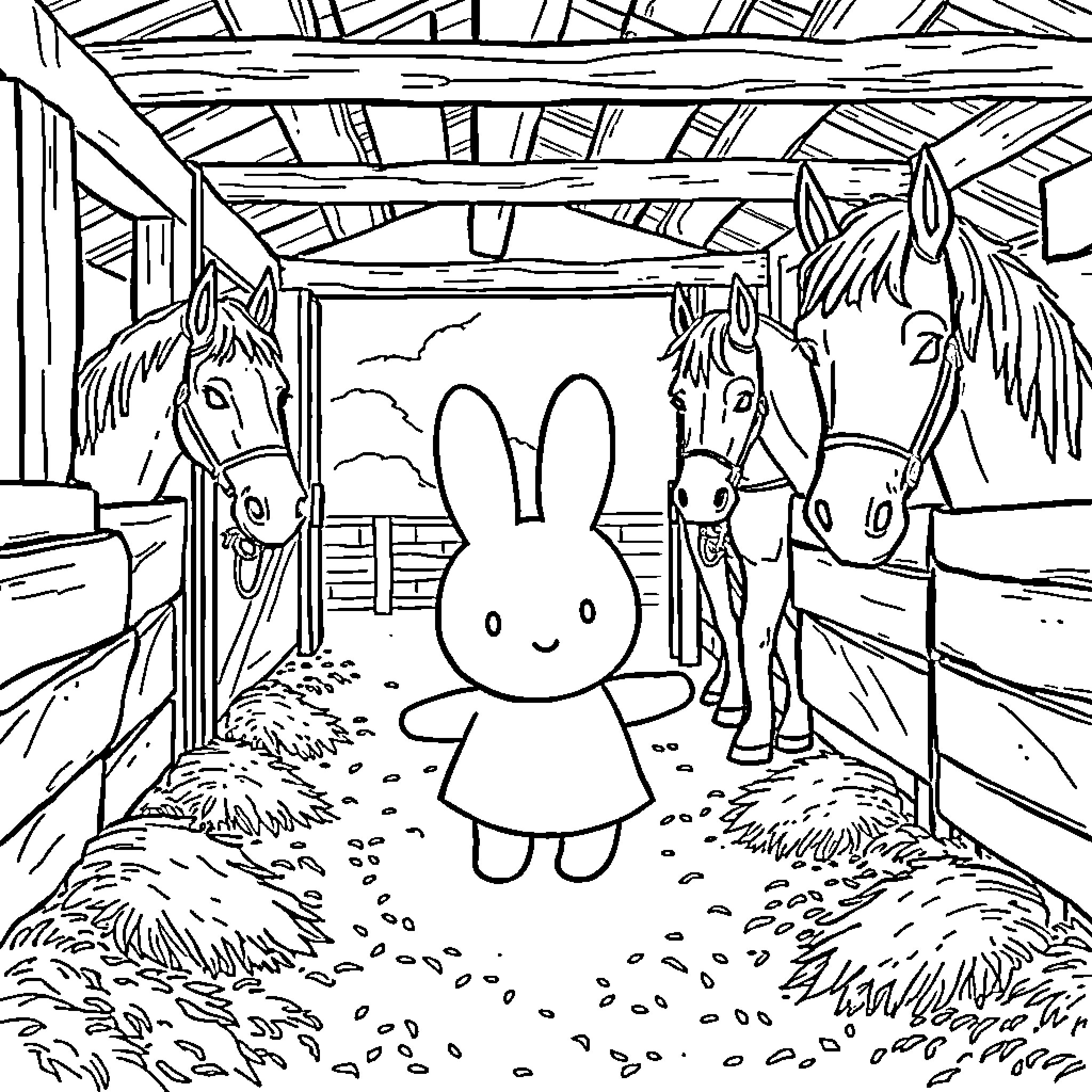 Miffy's Farmyard Adventure Coloring Page (free black-and-white line drawing printable PDF for all, from beginners to advanced learners, including children, teens, adults, and seniors)
