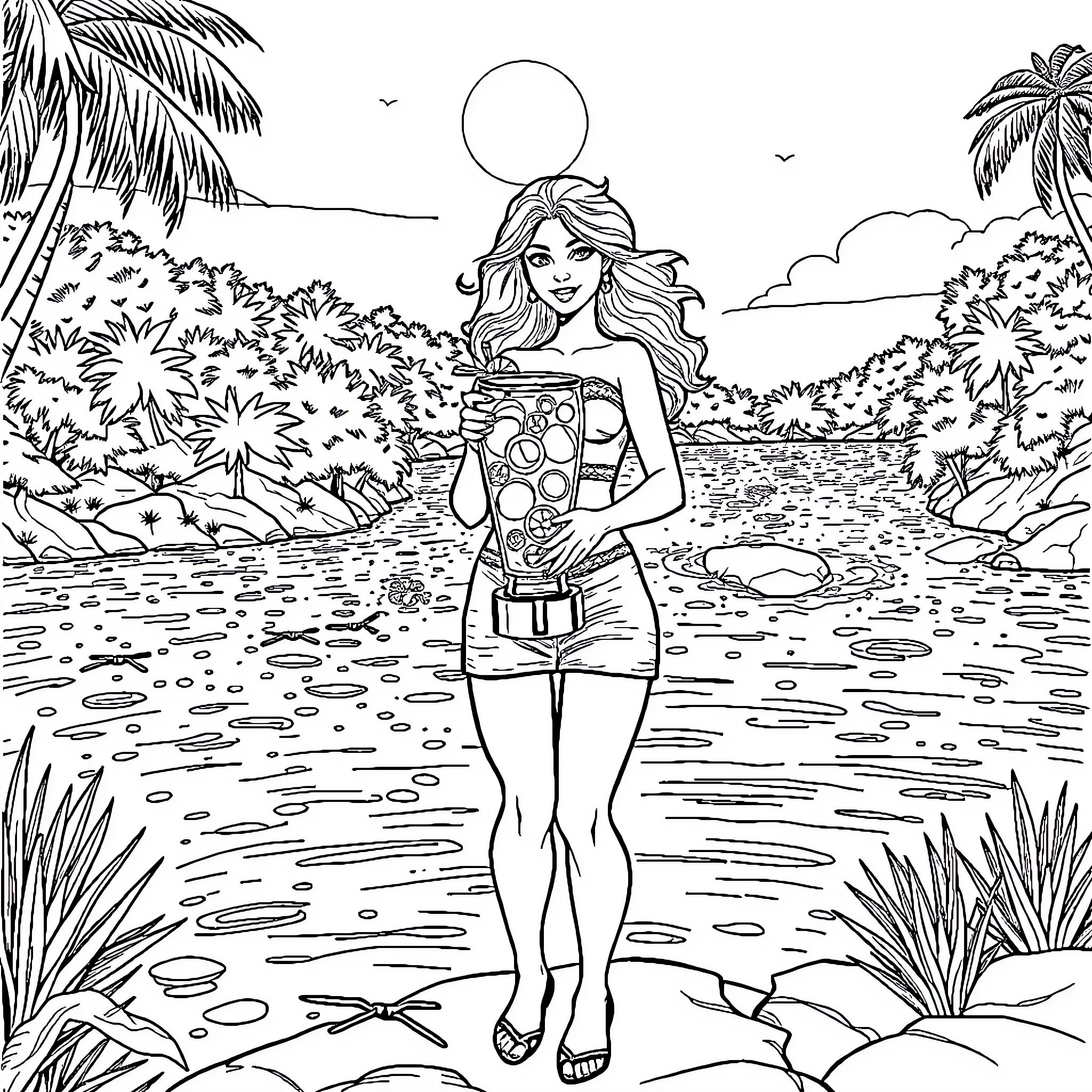 Woman enjoying the tropical beach scene Coloring Page (free black-and-white line drawing printable PDF for all, from beginners to advanced learners, including children, teens, adults, and seniors)