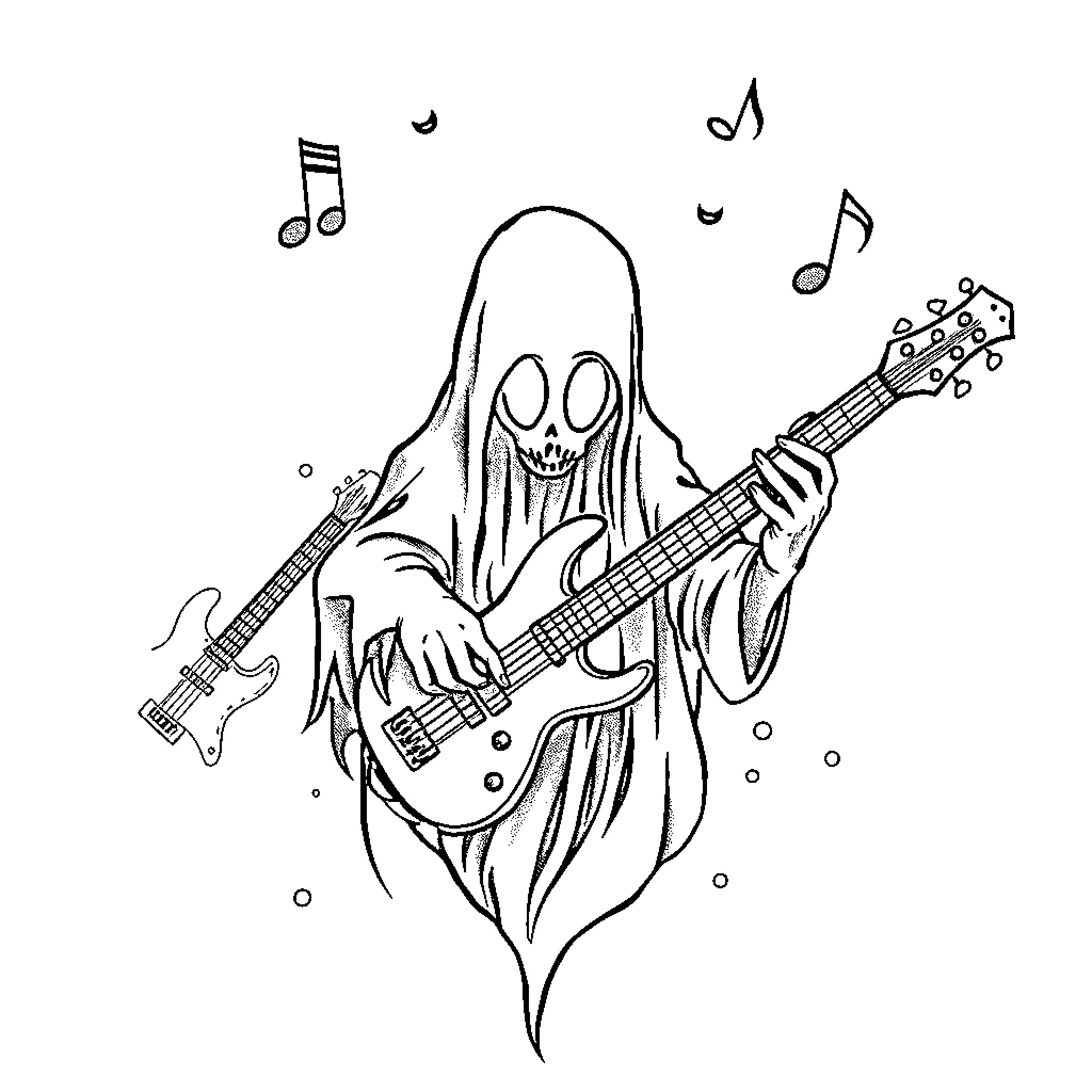 Ghost Musician Rocking Out with Guitar Coloring Page (free black-and-white line drawing printable PDF for all, from beginners to advanced learners, including children, teens, adults, and seniors)
