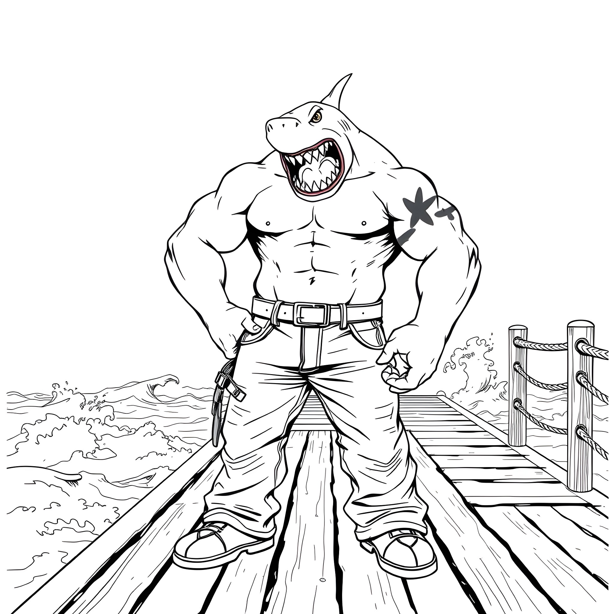 Shark warrior standing on a wooden dock Coloring Page (free black-and-white line drawing printable PDF for all, from beginners to advanced learners, including children, teens, adults, and seniors)