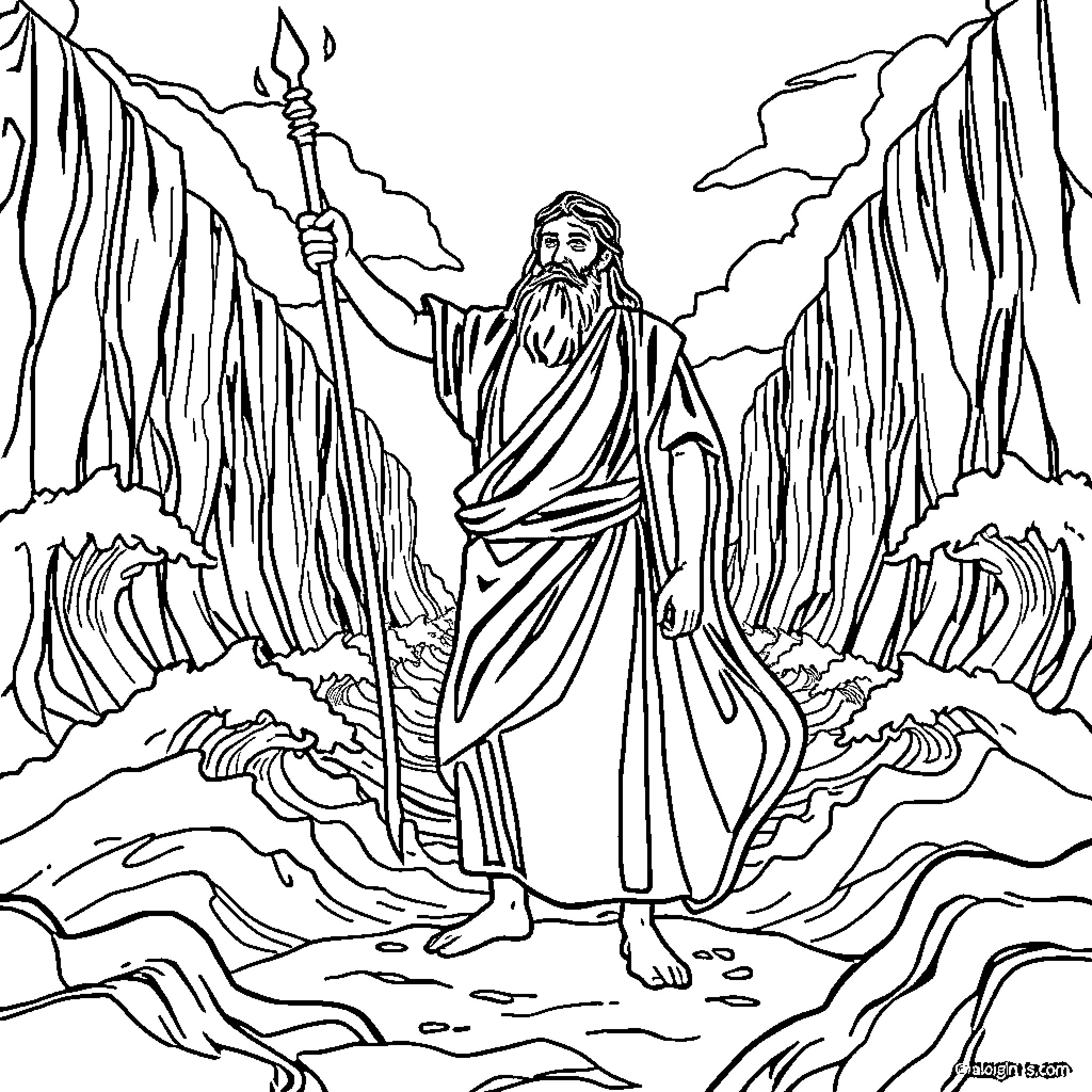Moses parting the Red Sea with a divine staff Coloring Page (free black-and-white line drawing printable PDF for all, from beginners to advanced learners, including children, teens, adults, and seniors)