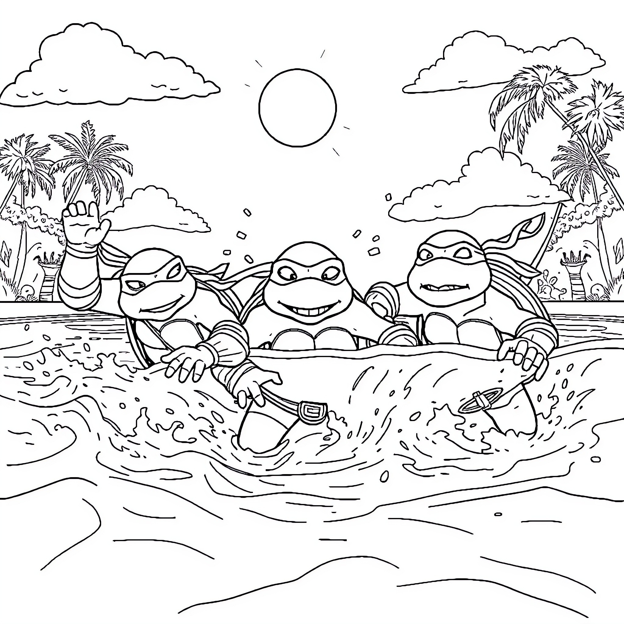 Teenage Mutant Ninja Turtles enjoying beach adventure Coloring Page (free black-and-white line drawing printable PDF for all, from beginners to advanced learners, including children, teens, adults, and seniors)