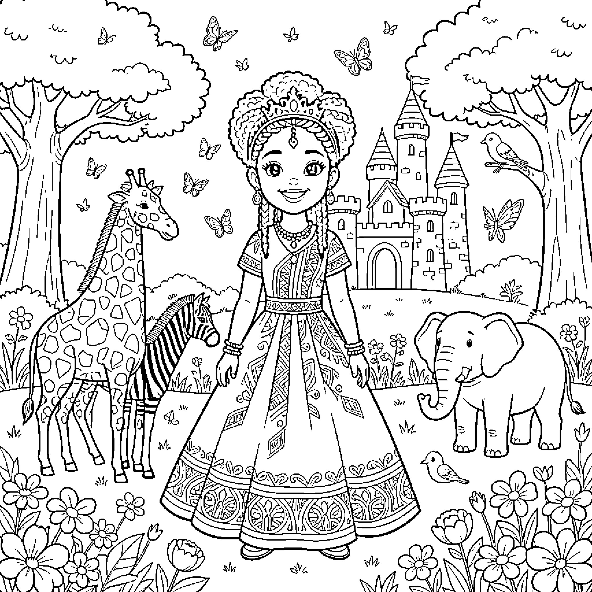 Princess standing joyfully among friendly jungle animals Coloring Page (free black-and-white line drawing printable PDF for all, from beginners to advanced learners, including children, teens, adults, and seniors)