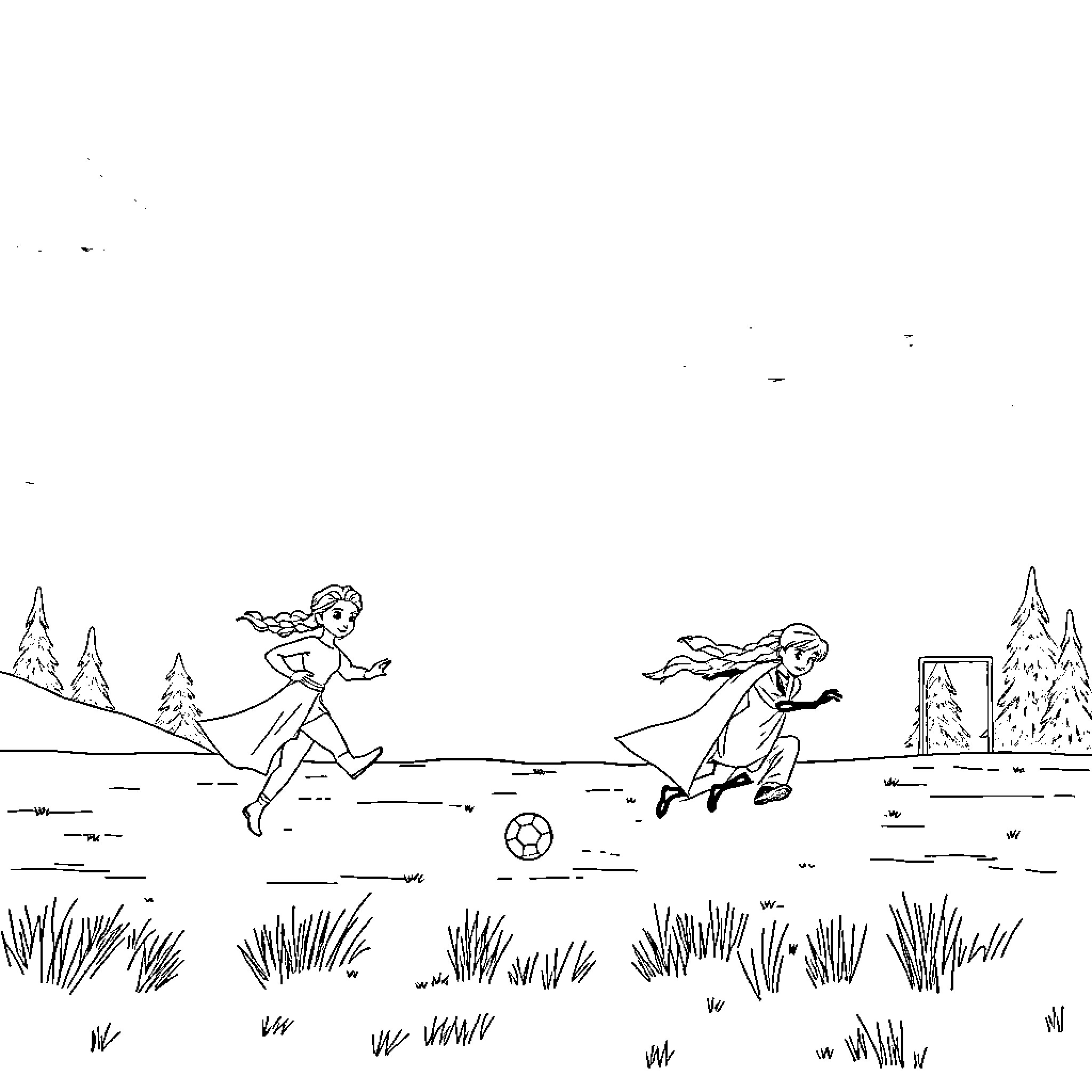 Frozen friends playing soccer outdoors Coloring Page (free black-and-white line drawing printable PDF for all, from beginners to advanced learners, including children, teens, adults, and seniors)