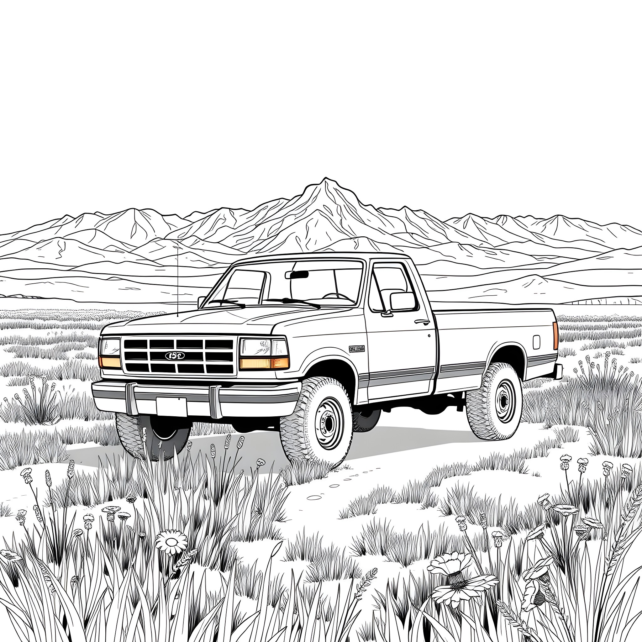 Truck navigating rugged mountain terrain Coloring Page (free black-and-white line drawing printable PDF for all, from beginners to advanced learners, including children, teens, adults, and seniors)