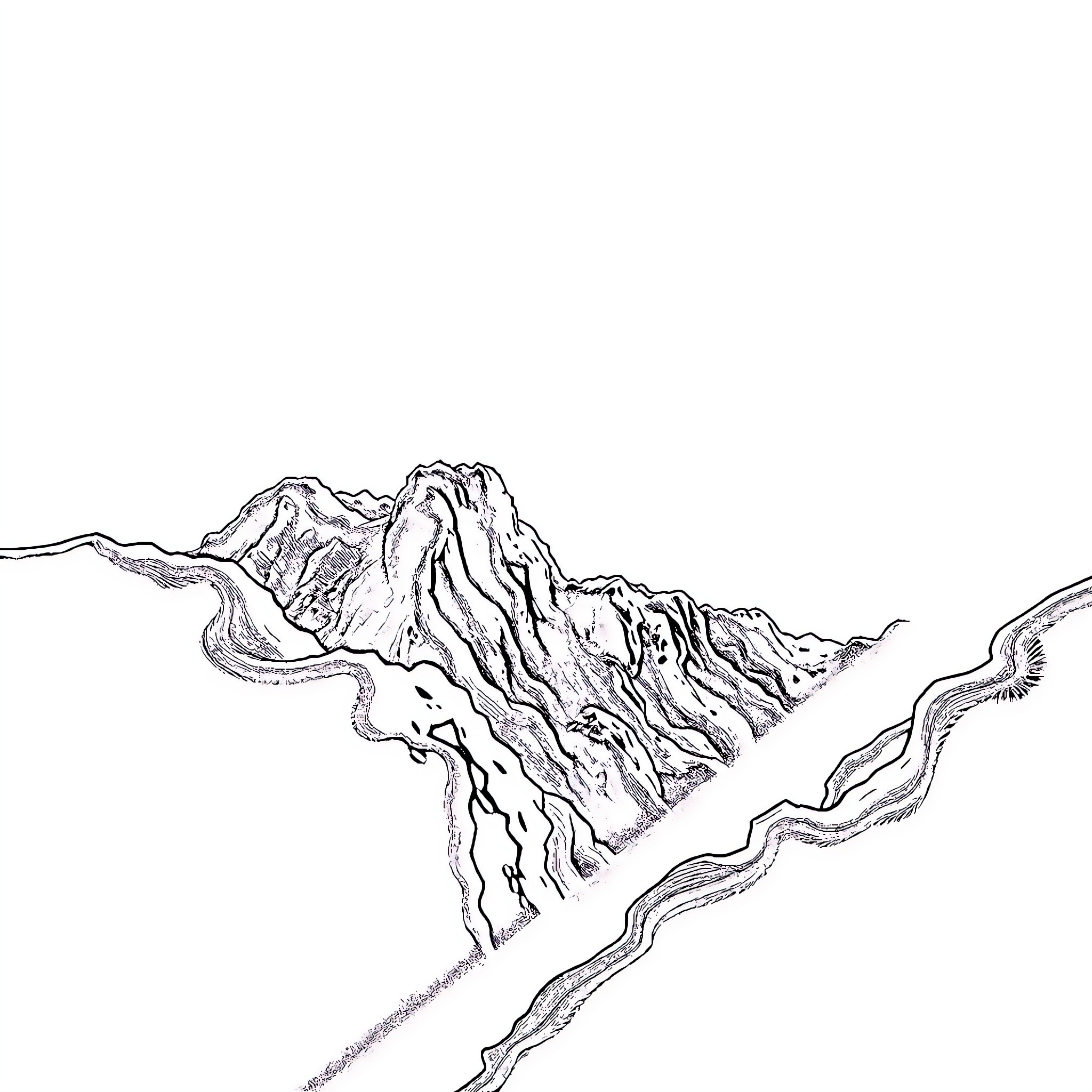 Clair Obscur Scenic Mountain Landscape Coloring Page (free black-and-white line drawing printable PDF for all, from beginners to advanced learners, including children, teens, adults, and seniors)