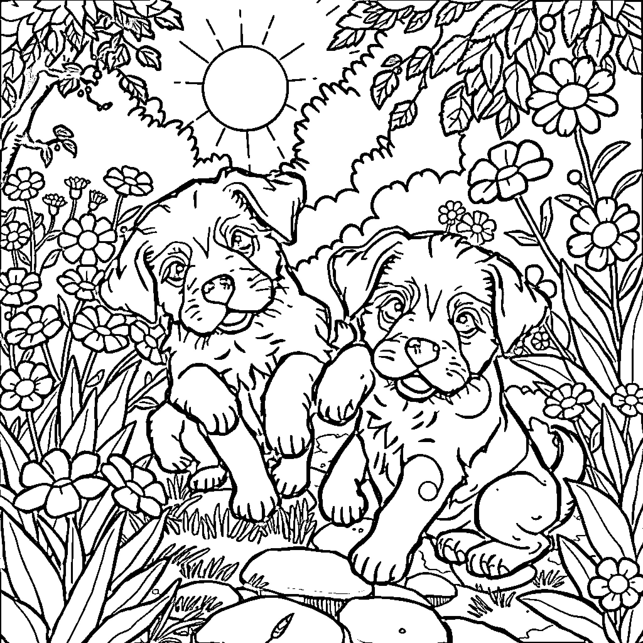 Puppies exploring the garden in the sunshine Coloring Page (free black-and-white line drawing printable PDF for all, from beginners to advanced learners, including children, teens, adults, and seniors)