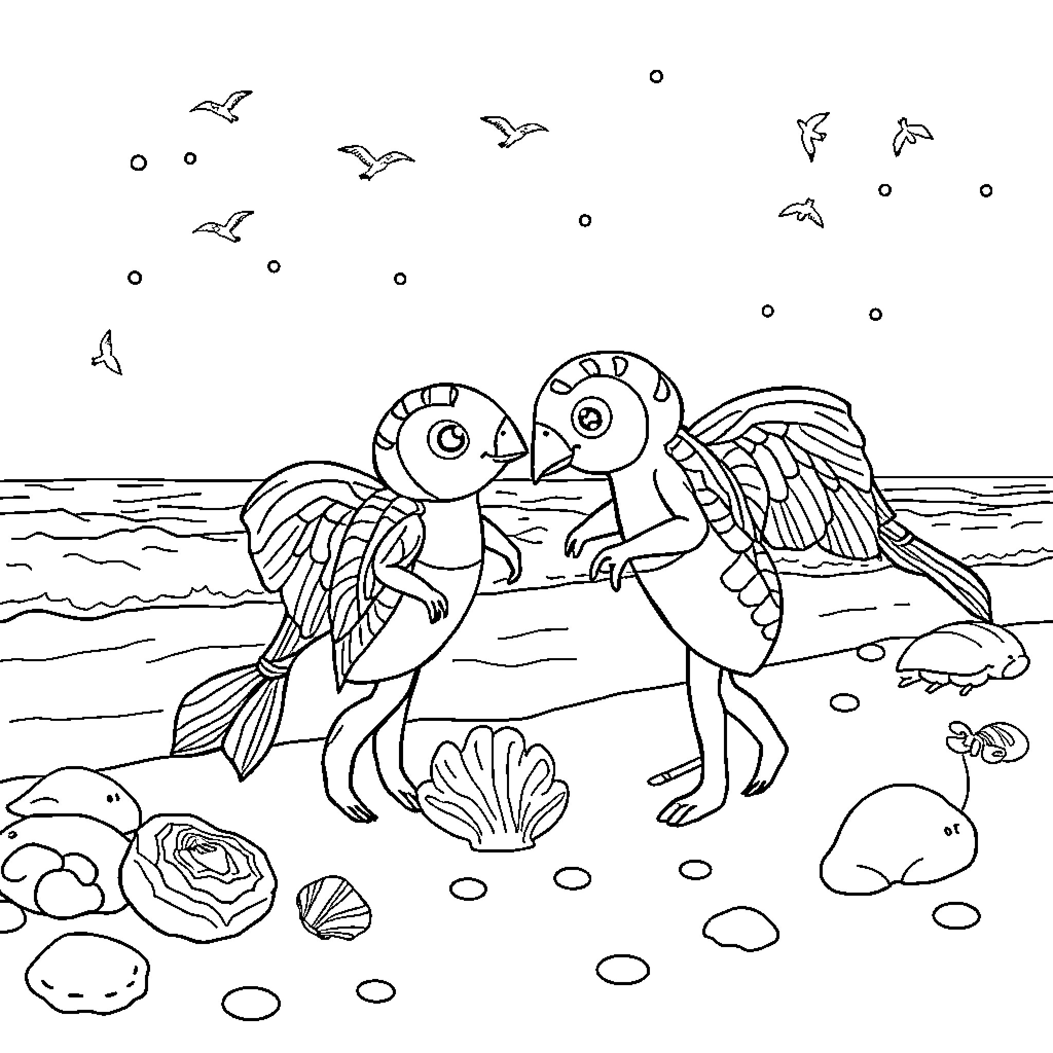 Numbers of Playful Fishes in the Ocean Coloring Page (free black-and-white line drawing printable PDF for all, from beginners to advanced learners, including children, teens, adults, and seniors)
