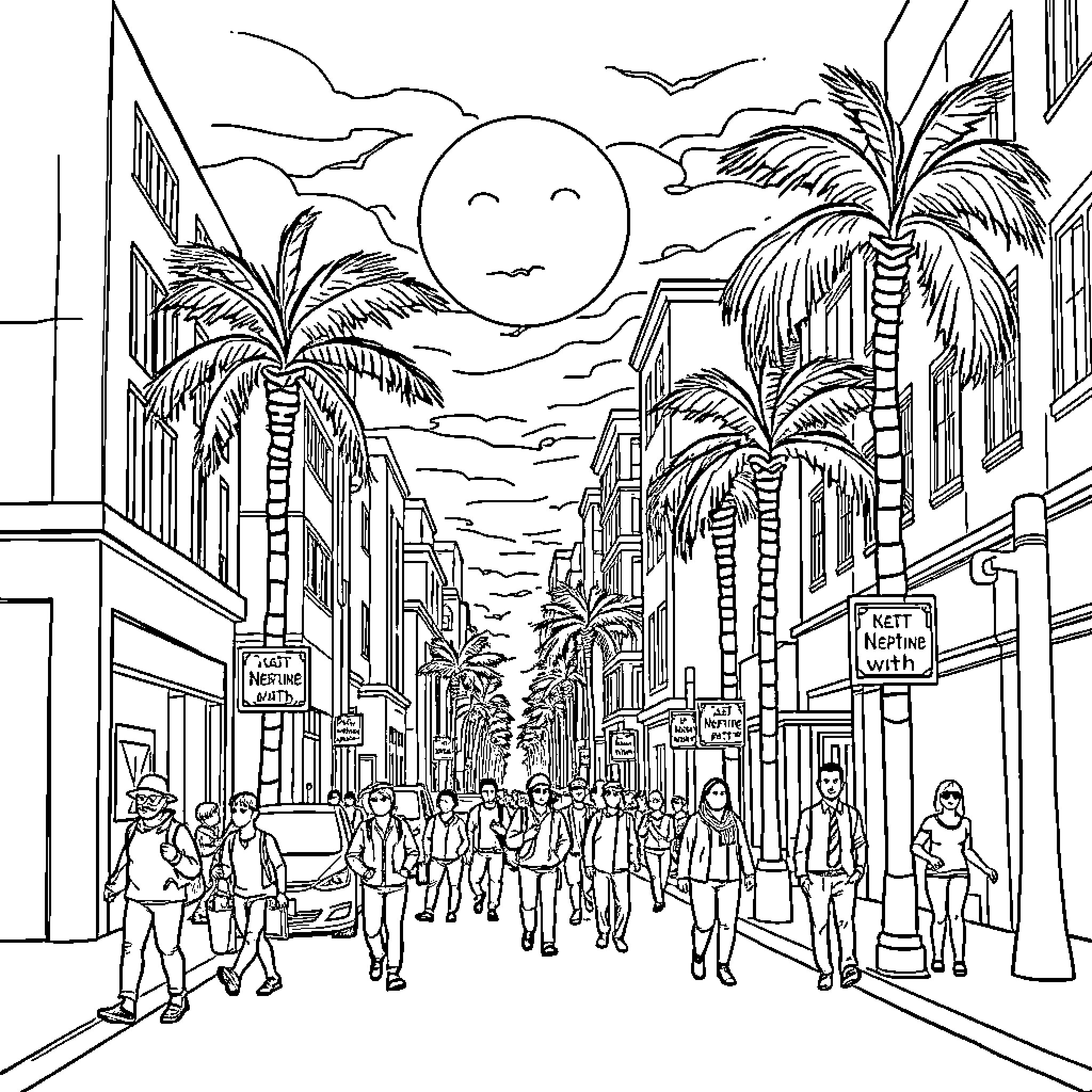 Neptune's Tropical Cityscape: People, Palms, and Sunny Skies Coloring Page (free black-and-white line drawing printable PDF for all, from beginners to advanced learners, including children, teens, adults, and seniors)
