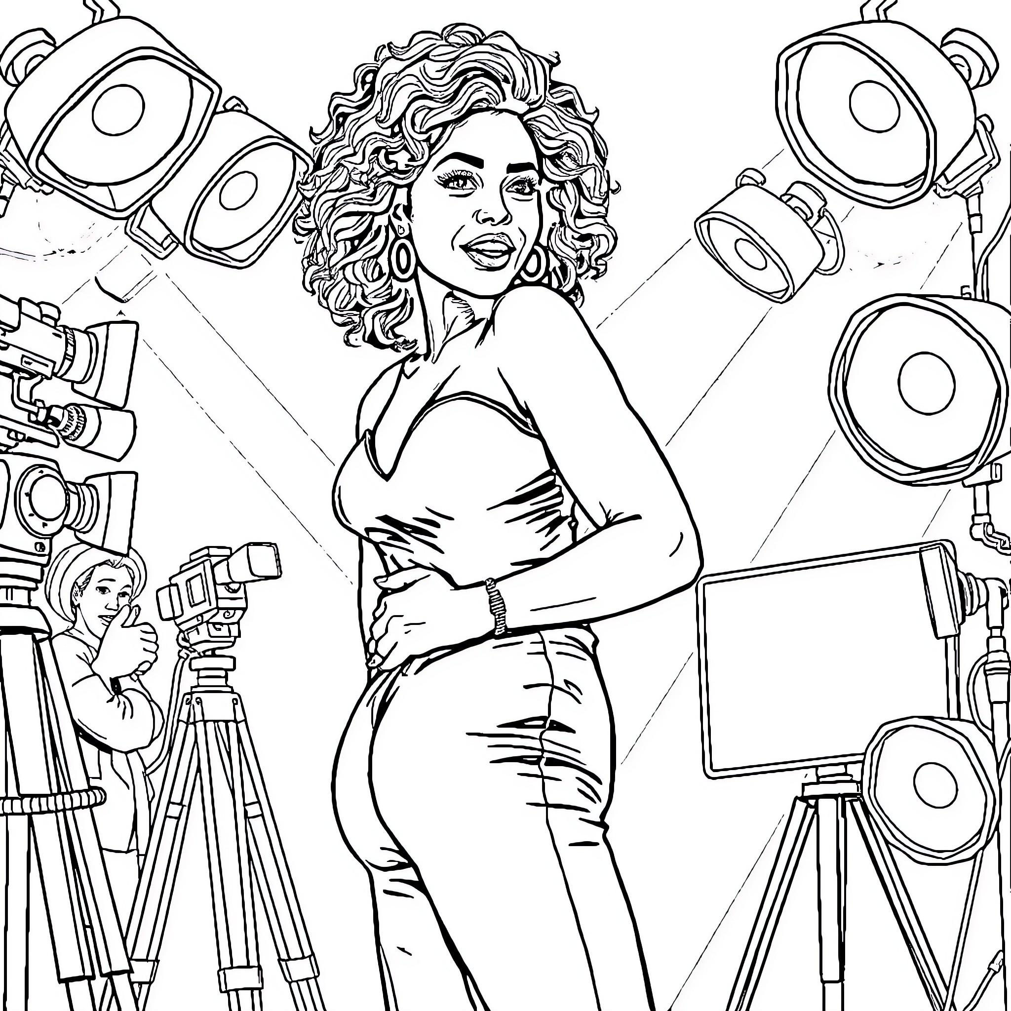 Actress in front of camera equipment Coloring Page (free black-and-white line drawing printable PDF for all, from beginners to advanced learners, including children, teens, adults, and seniors)