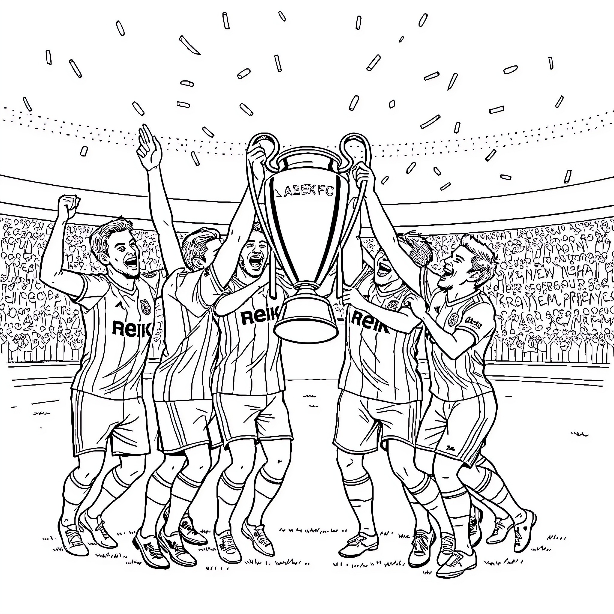 Aek Fc celebrating victory with the trophy Coloring Page (free black-and-white line drawing printable PDF for all, from beginners to advanced learners, including children, teens, adults, and seniors)