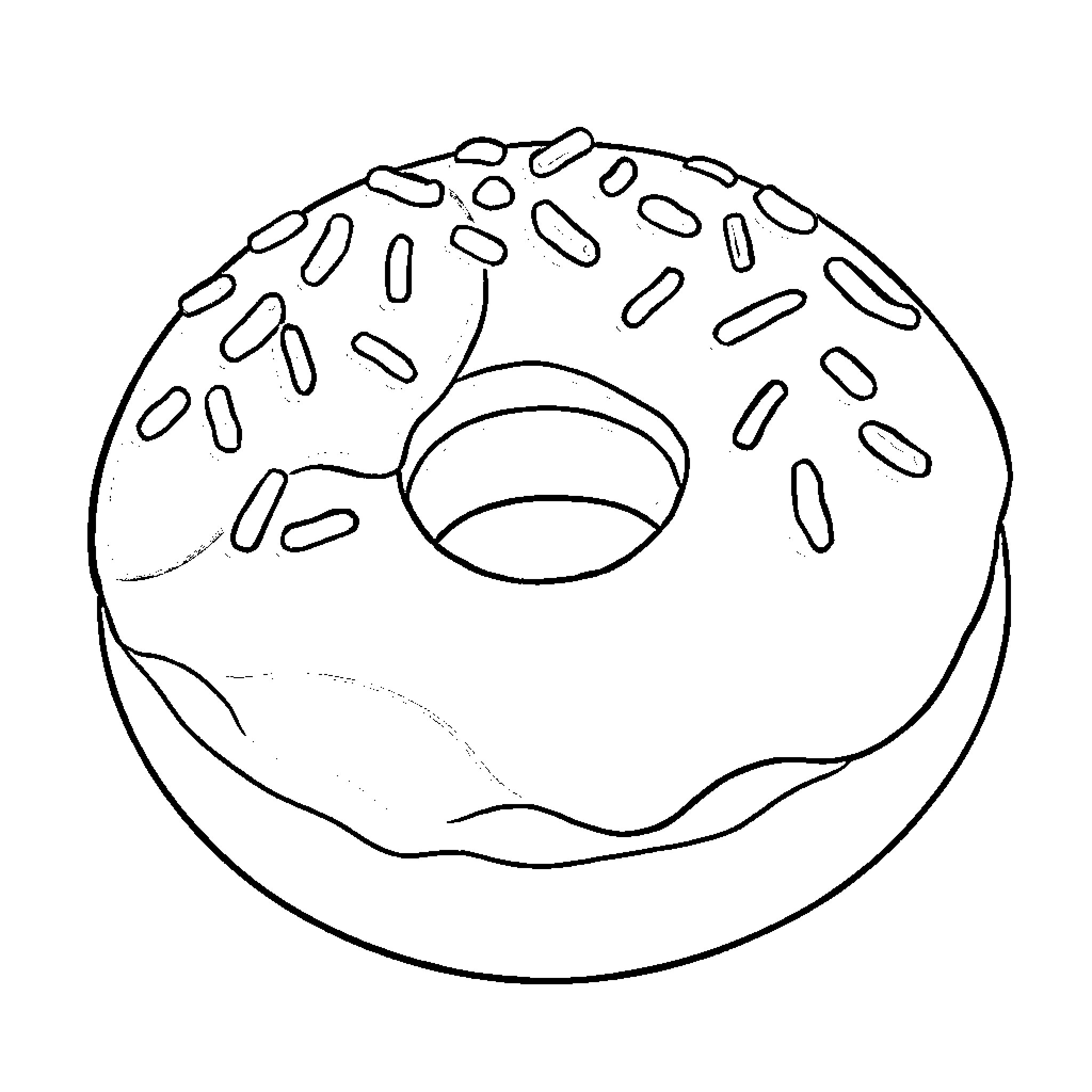 Donut with sprinkles on white background Coloring Page (free black-and-white line drawing printable PDF for all, from beginners to advanced learners, including children, teens, adults, and seniors)